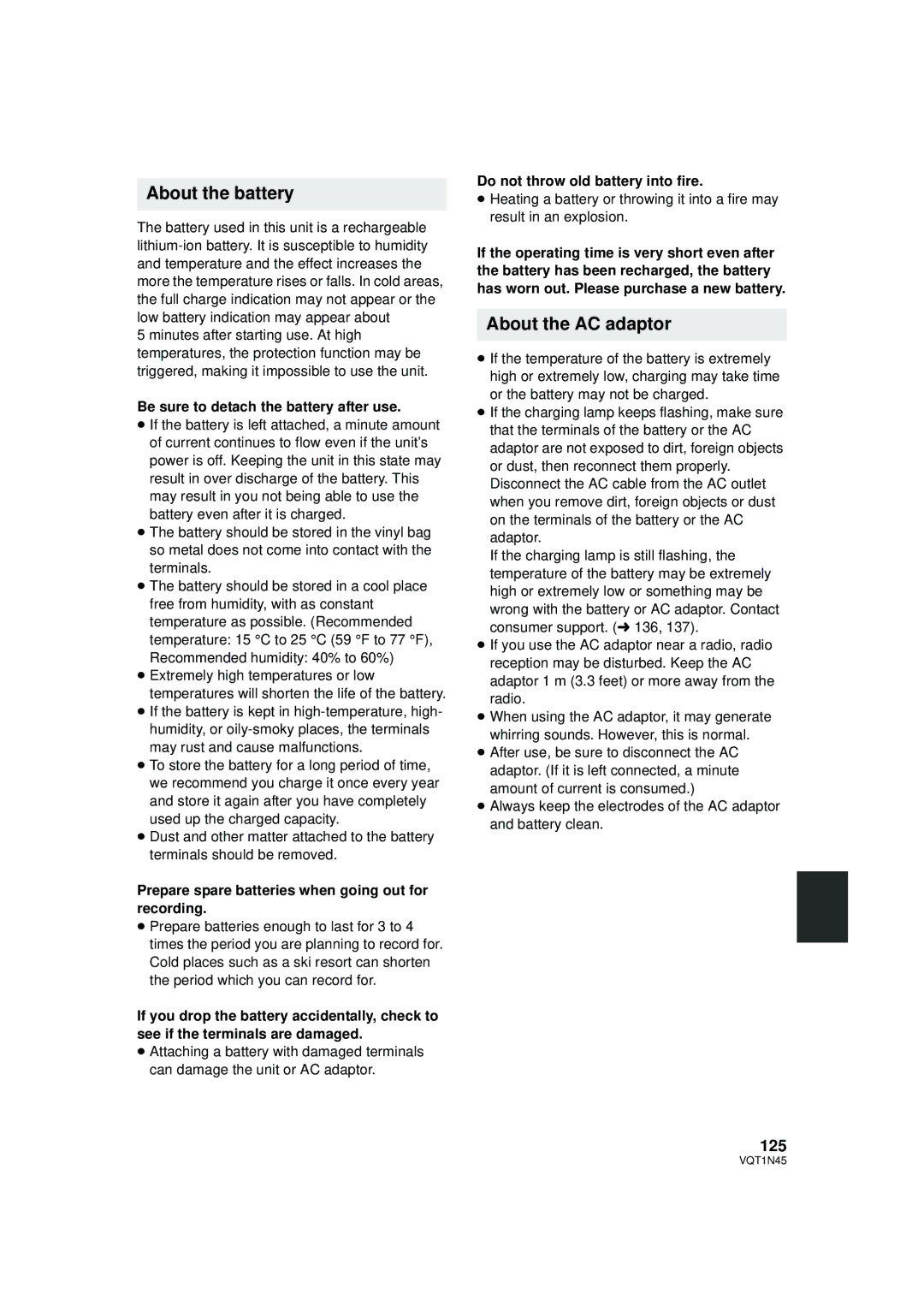 Panasonic HDC-SD9PC manual About the battery, About the AC adaptor, 125 