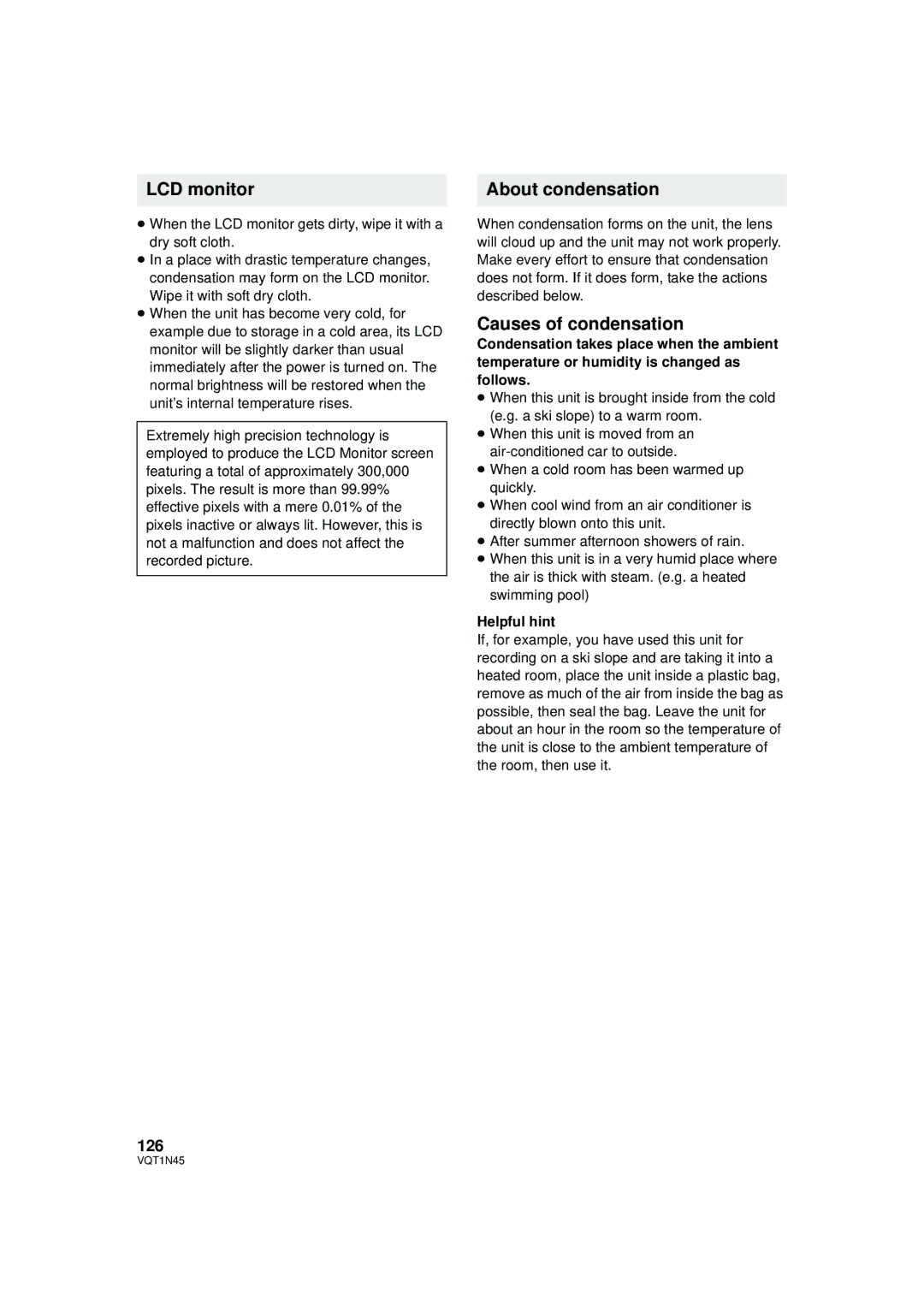 Panasonic HDC-SD9PC manual LCD monitor, About condensation, Causes of condensation, 126, Helpful hint 