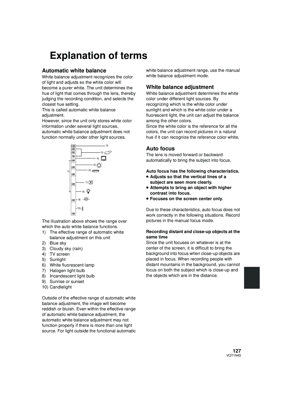 Panasonic HDC-SD9PC manual Explanation of terms, Automatic white balance, White balance adjustment, Auto focus, 127 