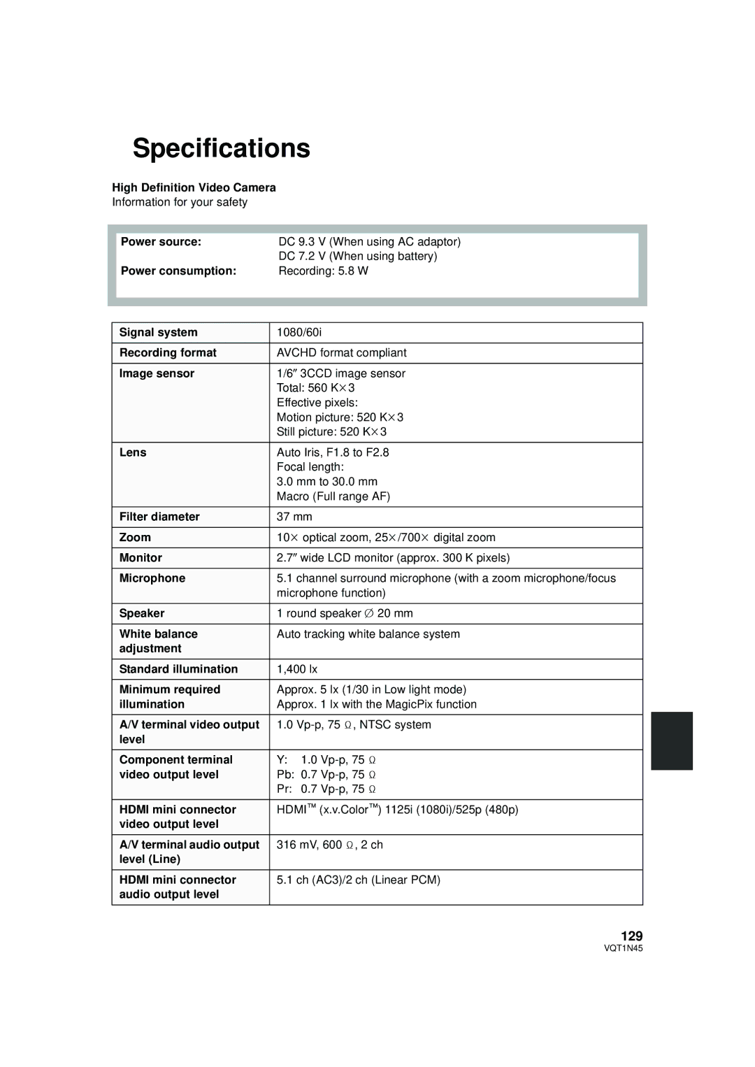 Panasonic HDC-SD9PC manual Specifications, 129 