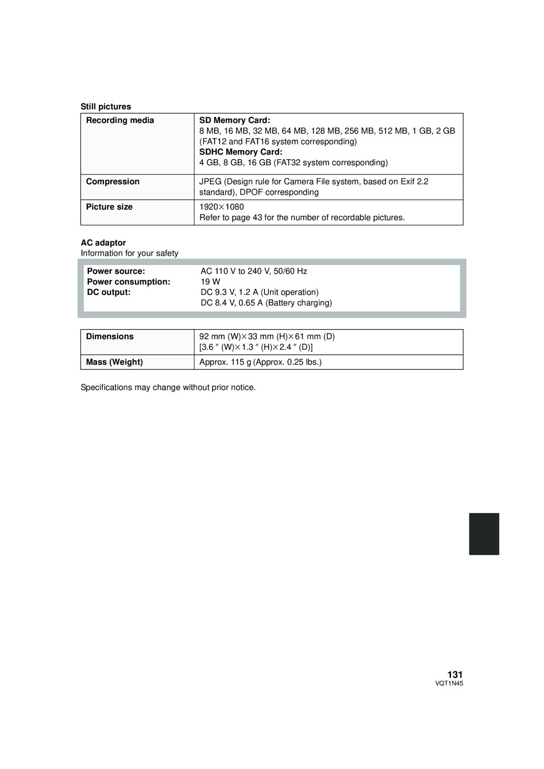 Panasonic HDC-SD9PC manual 131, Still pictures Recording media SD Memory Card, DC output 