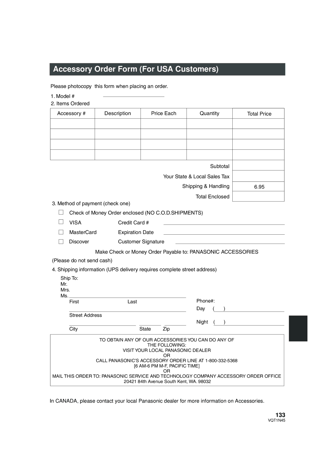 Panasonic HDC-SD9PC manual Accessory Order Form For USA Customers, 133 