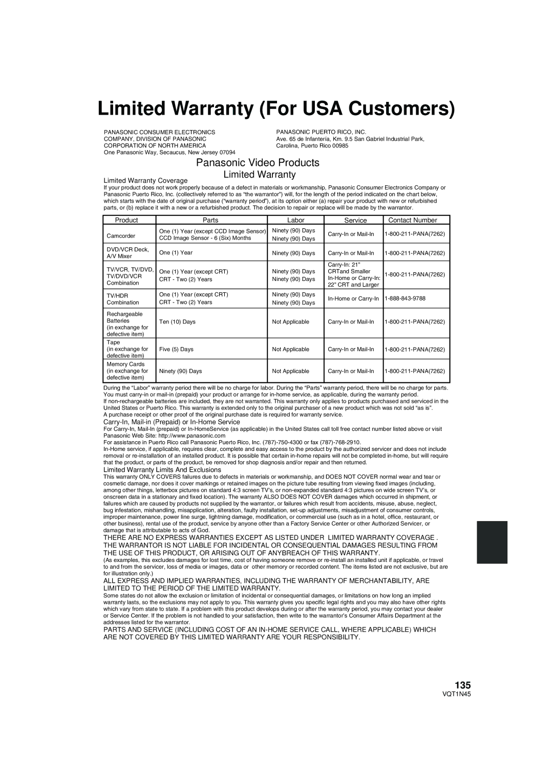 Panasonic HDC-SD9PC manual Limited Warranty For USA Customers, Panasonic Video Products, 135 