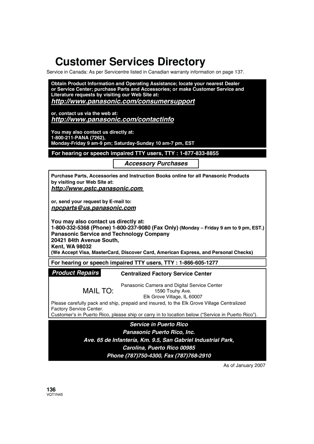 Panasonic HDC-SD9PC manual Customer Services Directory, For hearing or speech impaired TTY users, TTY, 136 