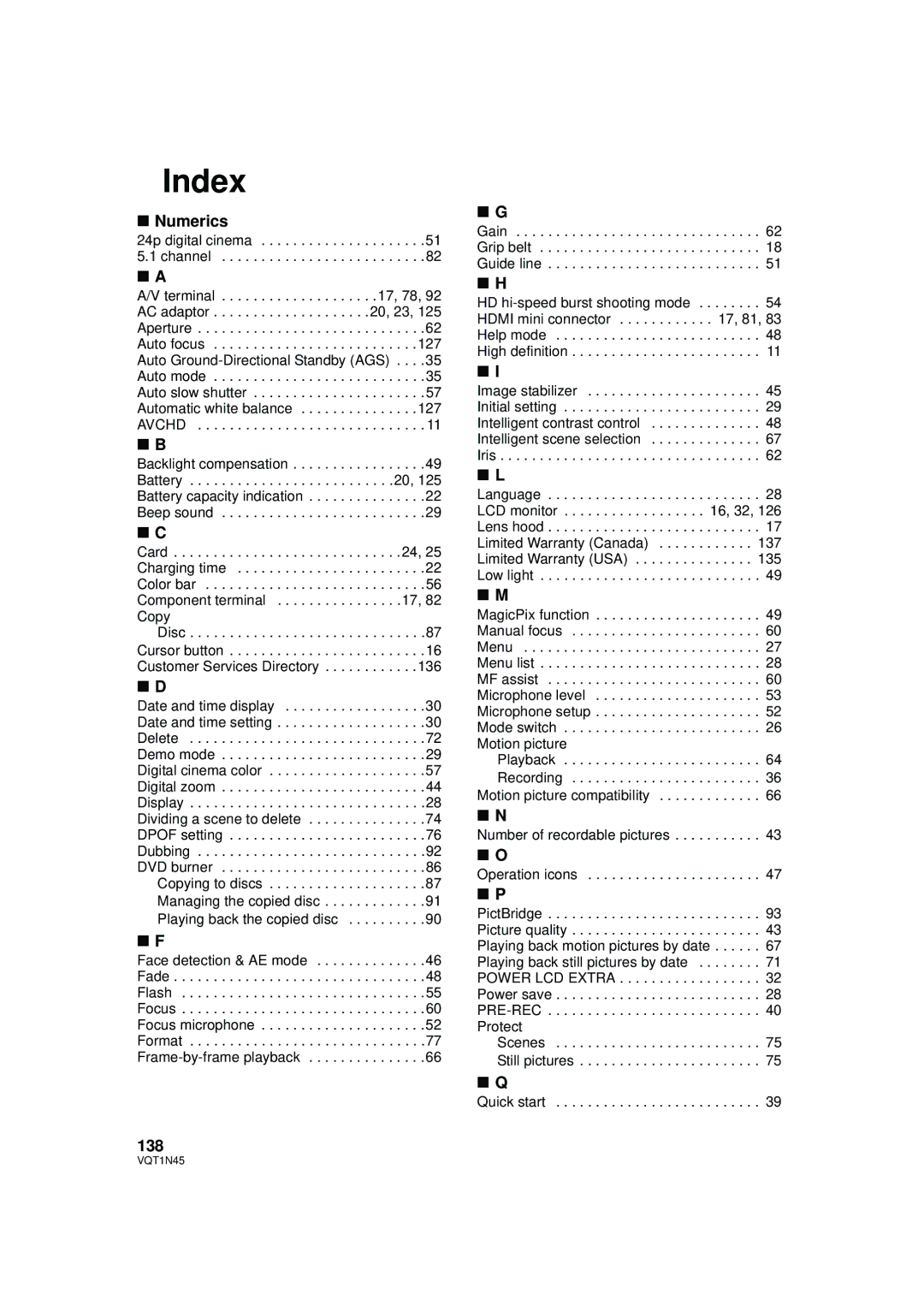 Panasonic HDC-SD9PC manual Index, Numerics, 138 