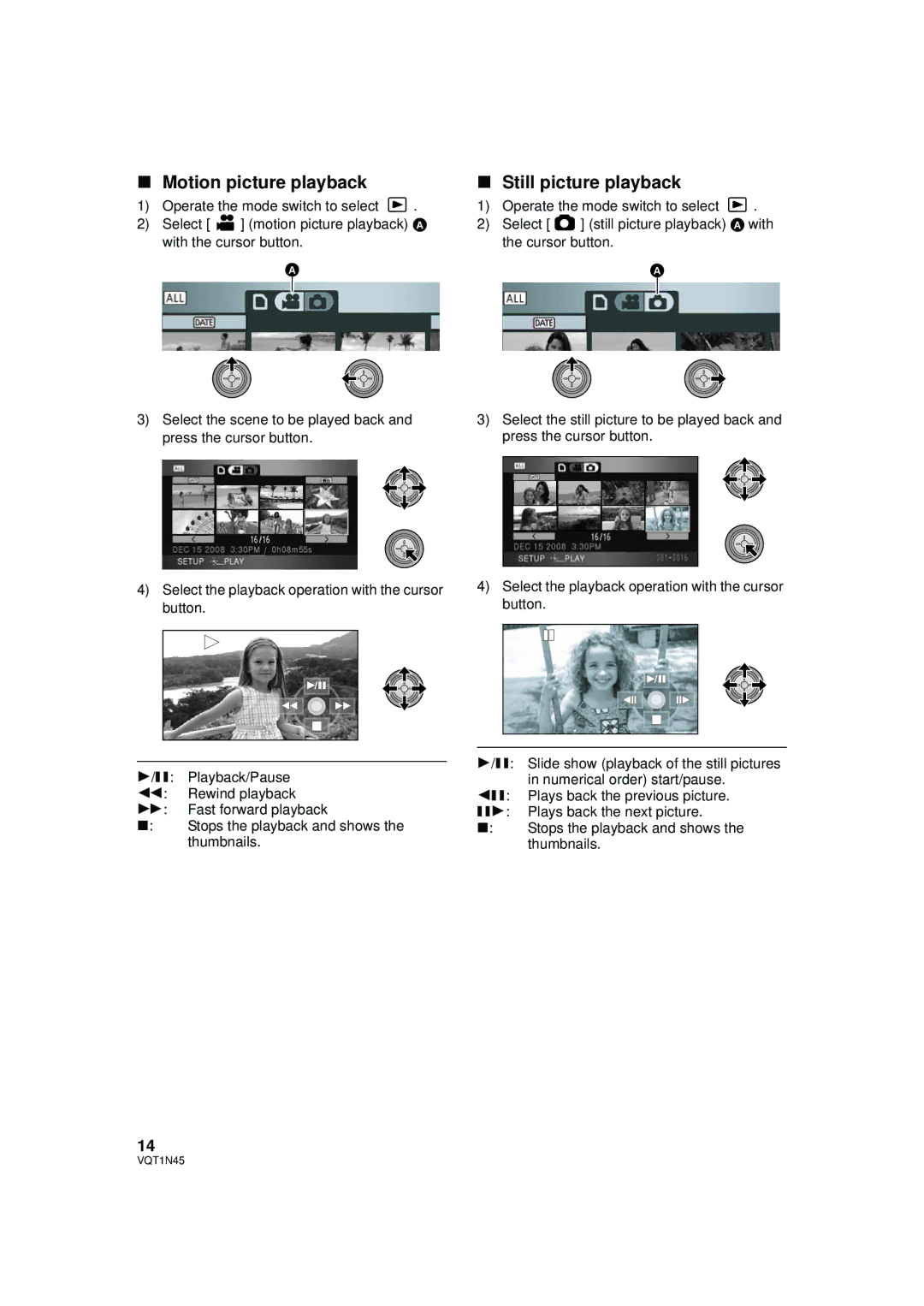 Panasonic HDC-SD9PC manual Motion picture playback, Still picture playback 