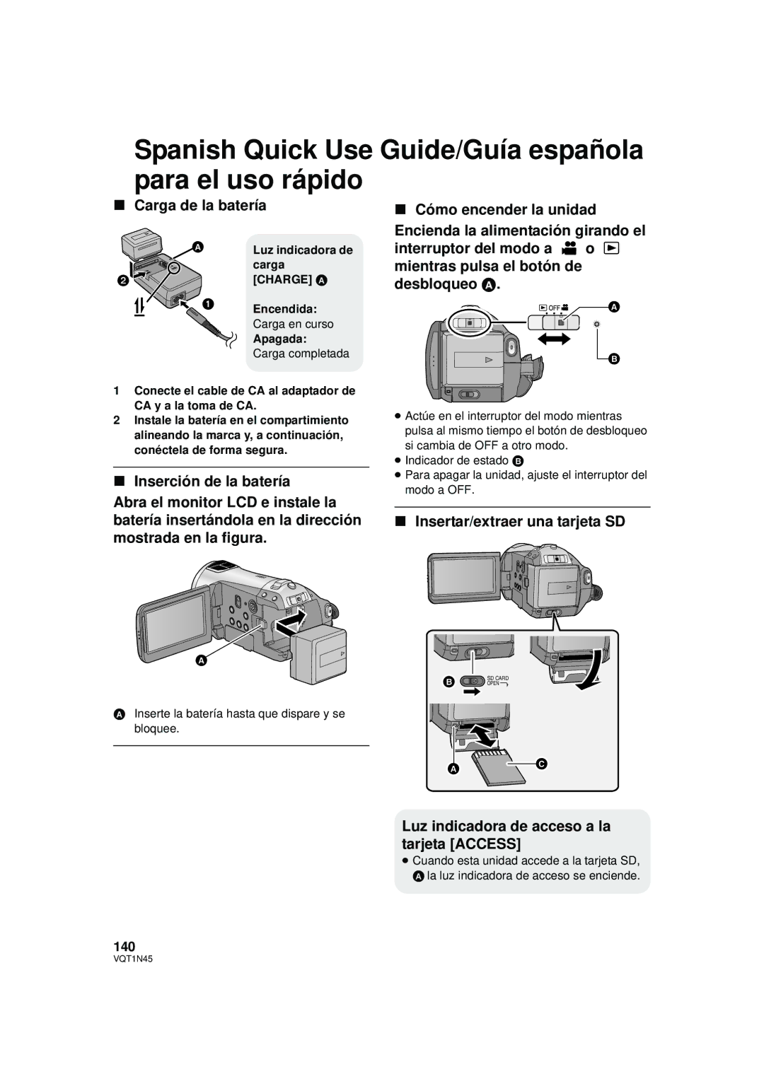 Panasonic HDC-SD9PC manual Spanish Quick Use Guide/Guía española para el uso rápido, Carga de la batería, 140 