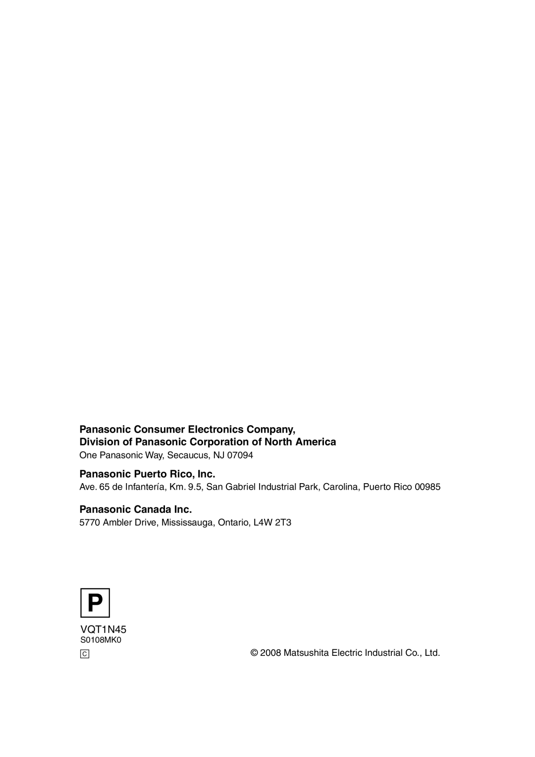 Panasonic HDC-SD9PC manual Panasonic Puerto Rico, Inc, Panasonic Canada Inc 