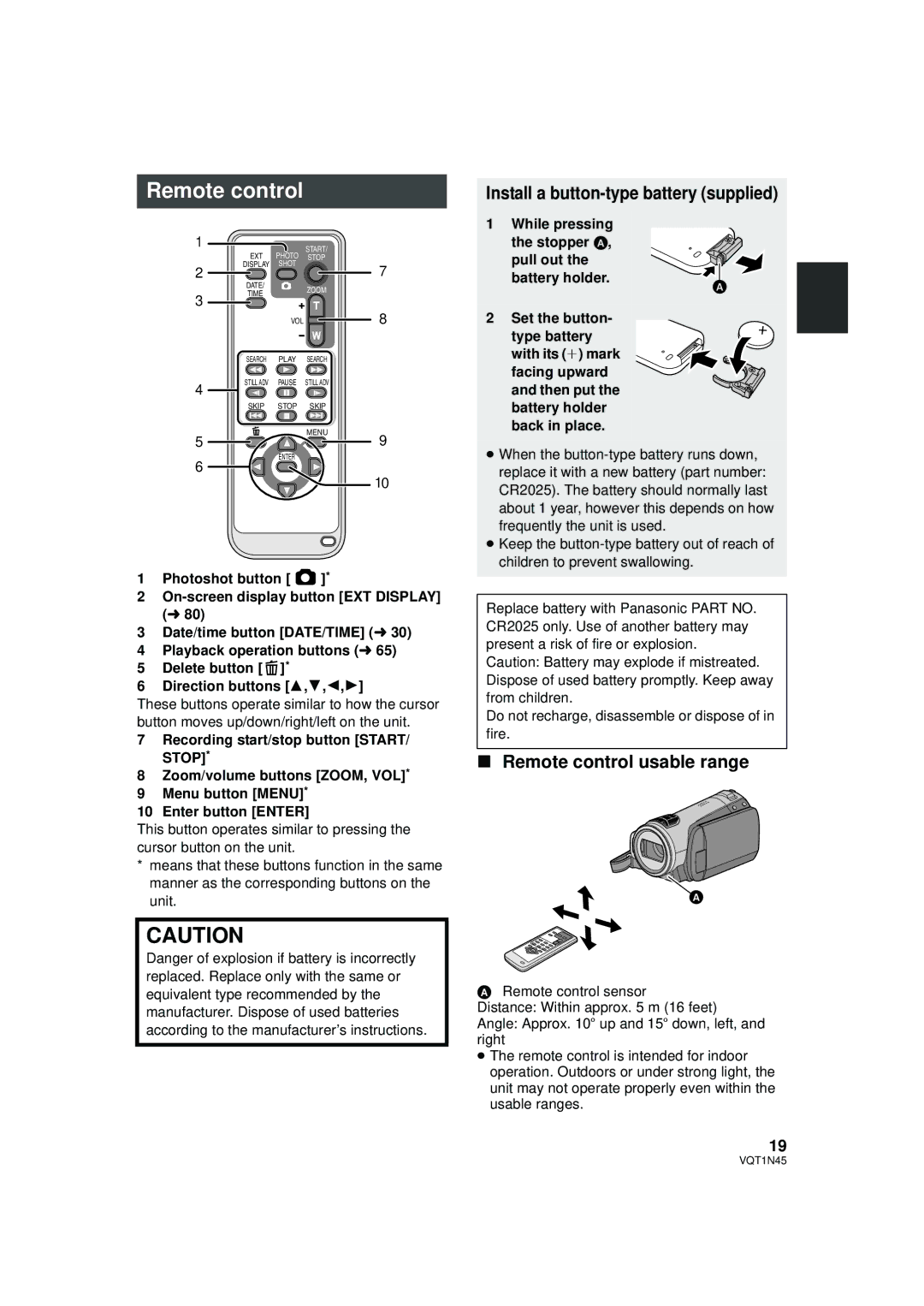 Panasonic HDC-SD9PC manual Install a button-type battery supplied, Remote control usable range 