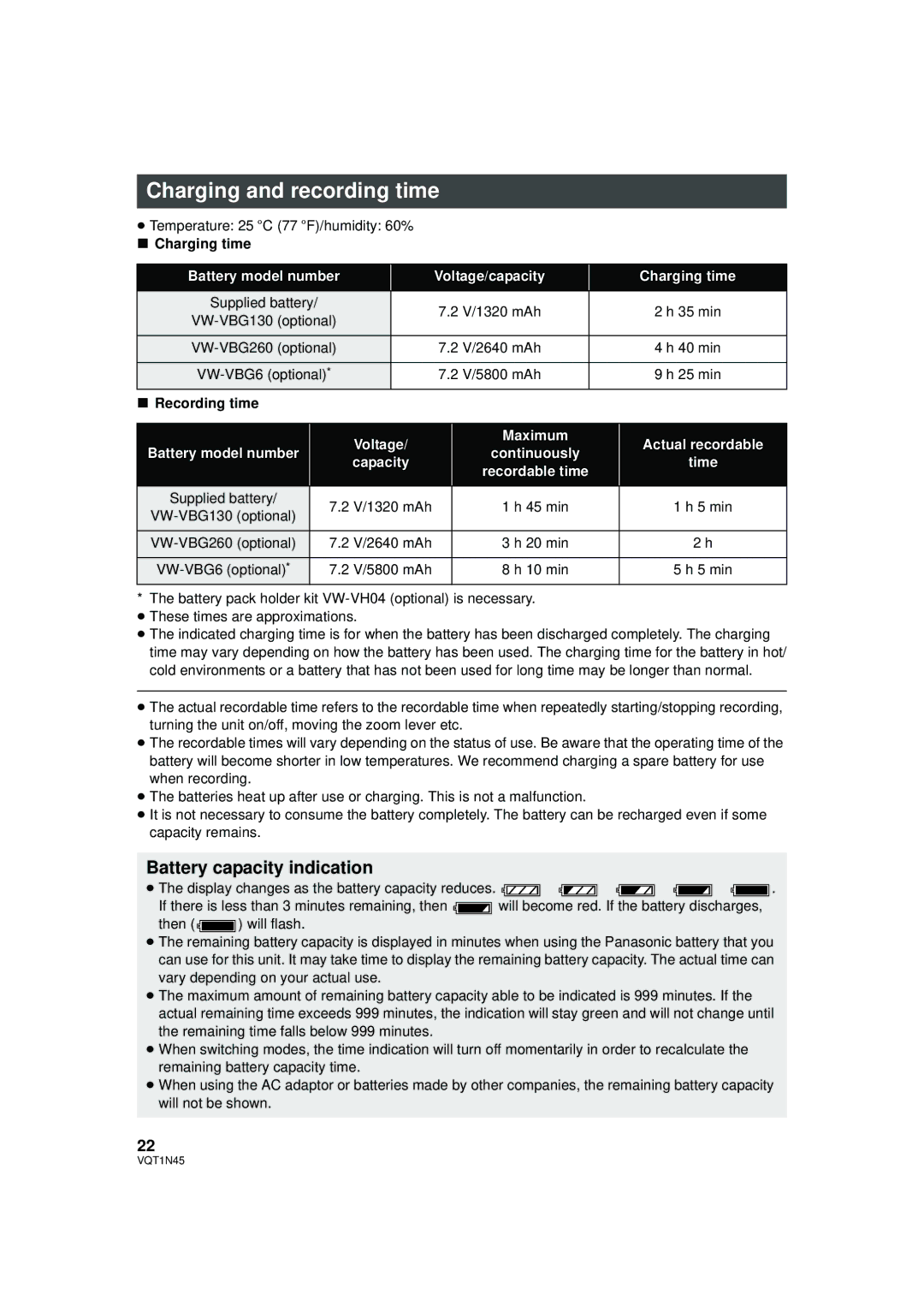 Panasonic HDC-SD9PC manual Charging and recording time, Battery capacity indication, Charging time, Recording time 