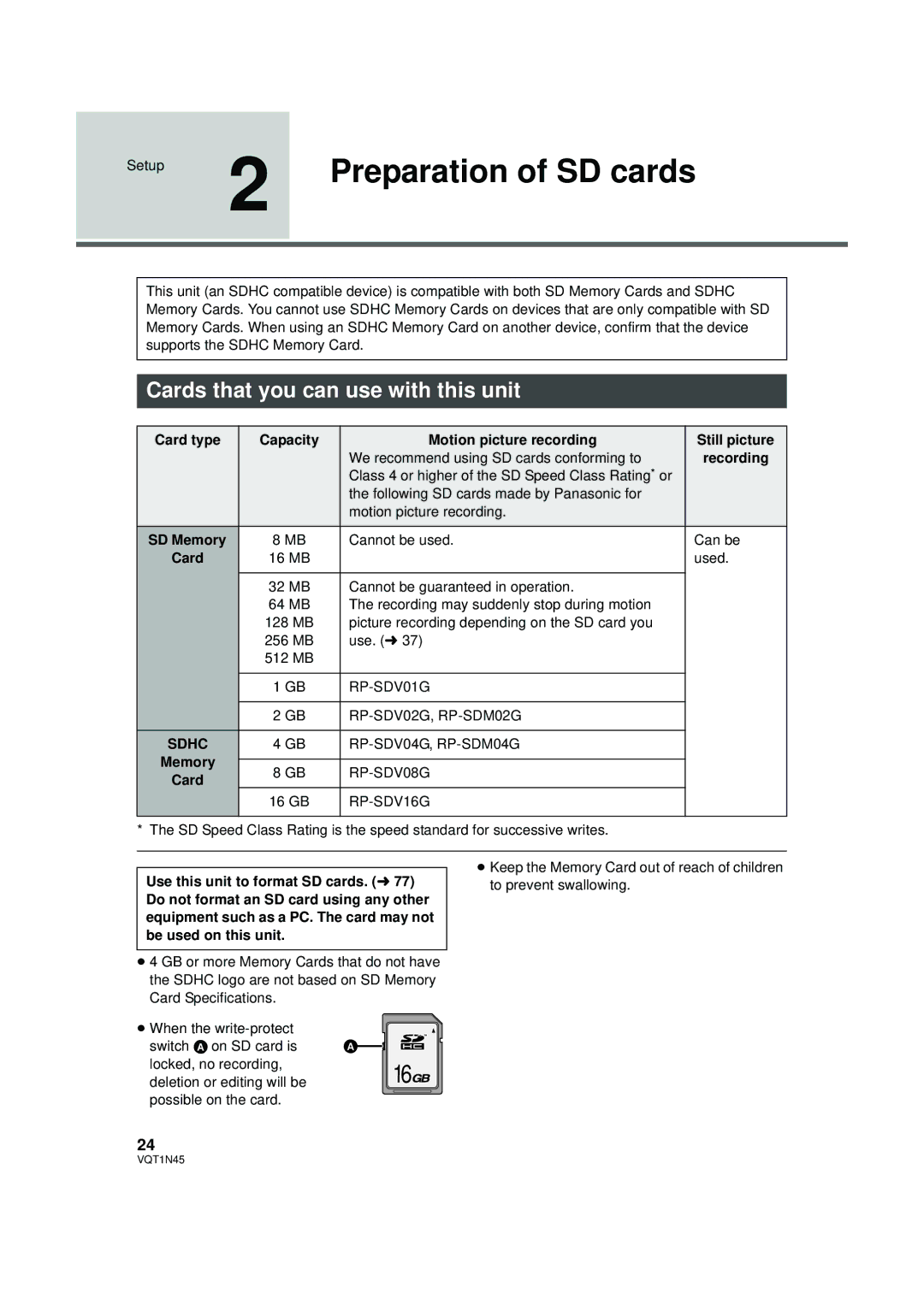 Panasonic HDC-SD9PC manual Setup 2 Preparation of SD cards, Cards that you can use with this unit, Sdhc 