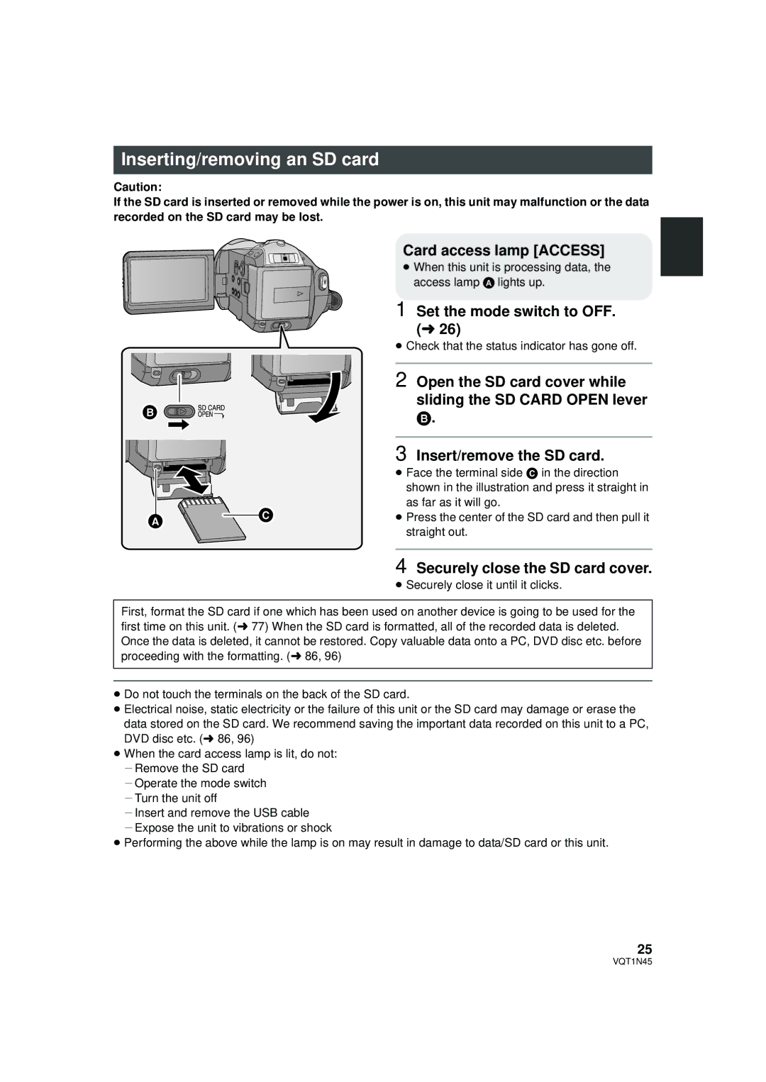 Panasonic HDC-SD9P manual Inserting/removing an SD card, Set the mode switch to OFF. l, Securely close the SD card cover 