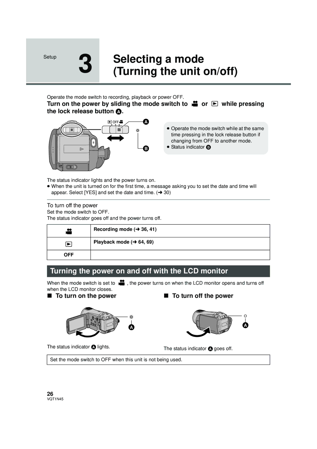 Panasonic HDC-SD9PC Selecting a mode, Turning the unit on/off, Turning the power on and off with the LCD monitor, Off 