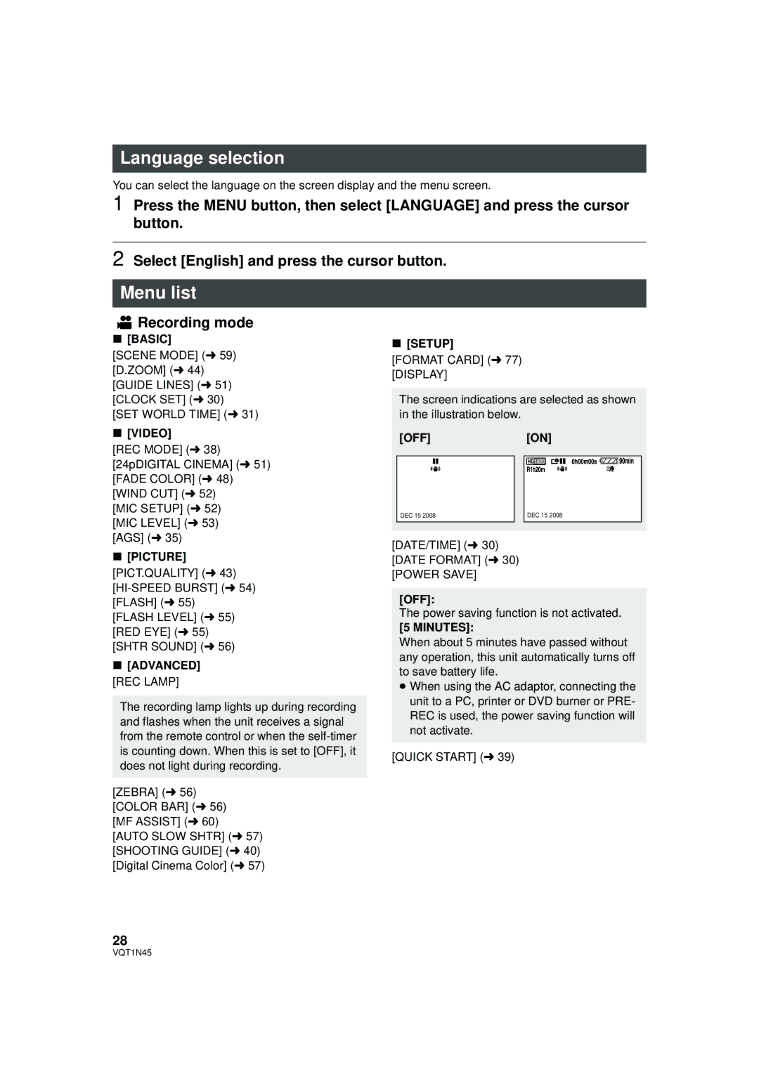 Panasonic HDC-SD9PC manual Language selection, Menu list, Recording mode 