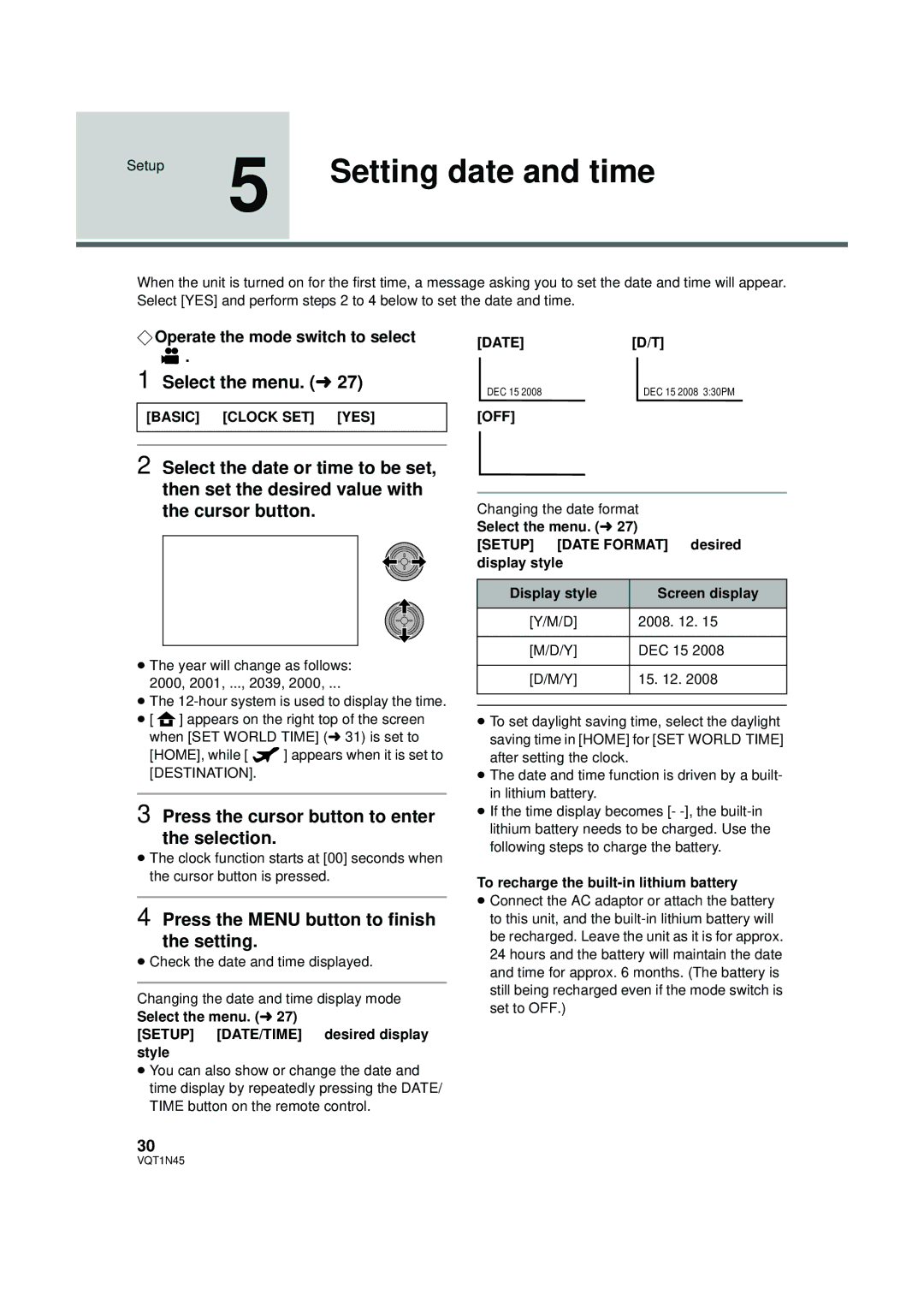 Panasonic HDC-SD9PC manual Setting date and time, Select the menu. l, Press the cursor button to enter the selection 