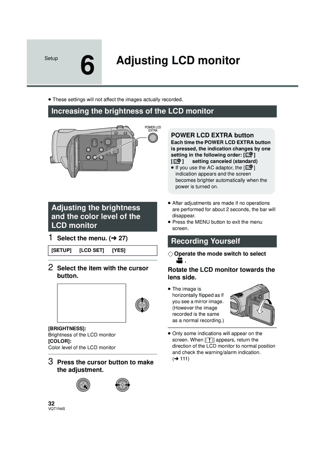 Panasonic HDC-SD9PC manual Setup 6 Adjusting LCD monitor, Recording Yourself, Select the item with the cursor button 