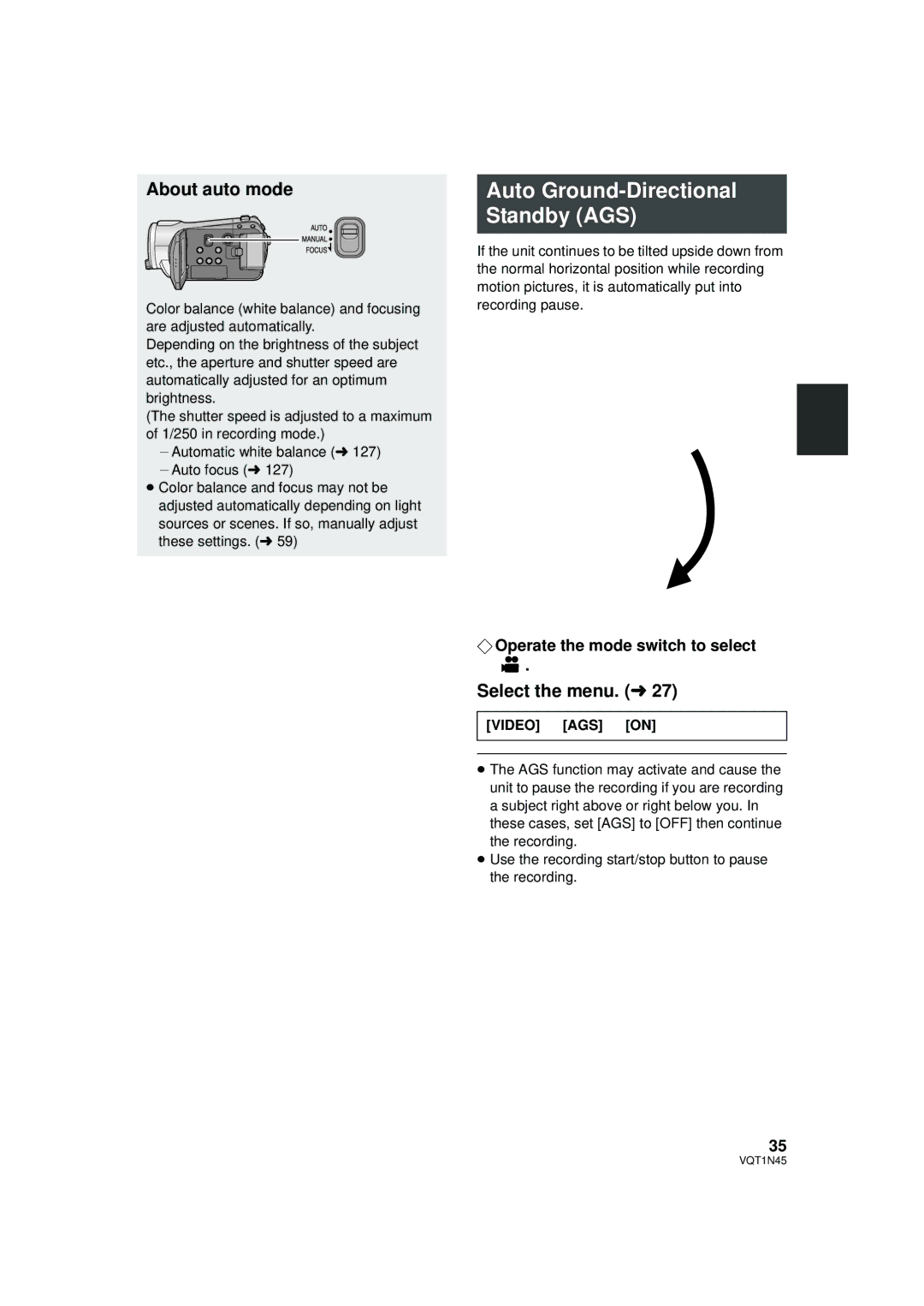 Panasonic HDC-SD9PC manual Auto Ground-Directional Standby AGS, About auto mode, Video # AGS # on 