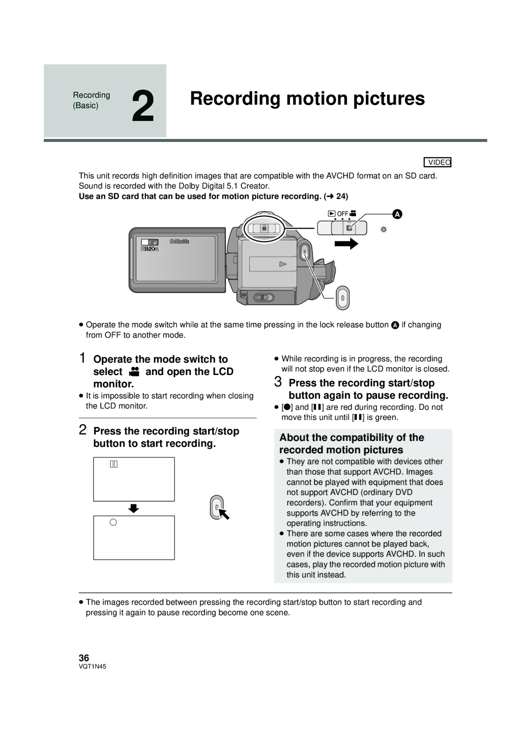 Panasonic HDC-SD9PC manual Recording motion pictures, Operate the mode switch to Select and open the LCD monitor 