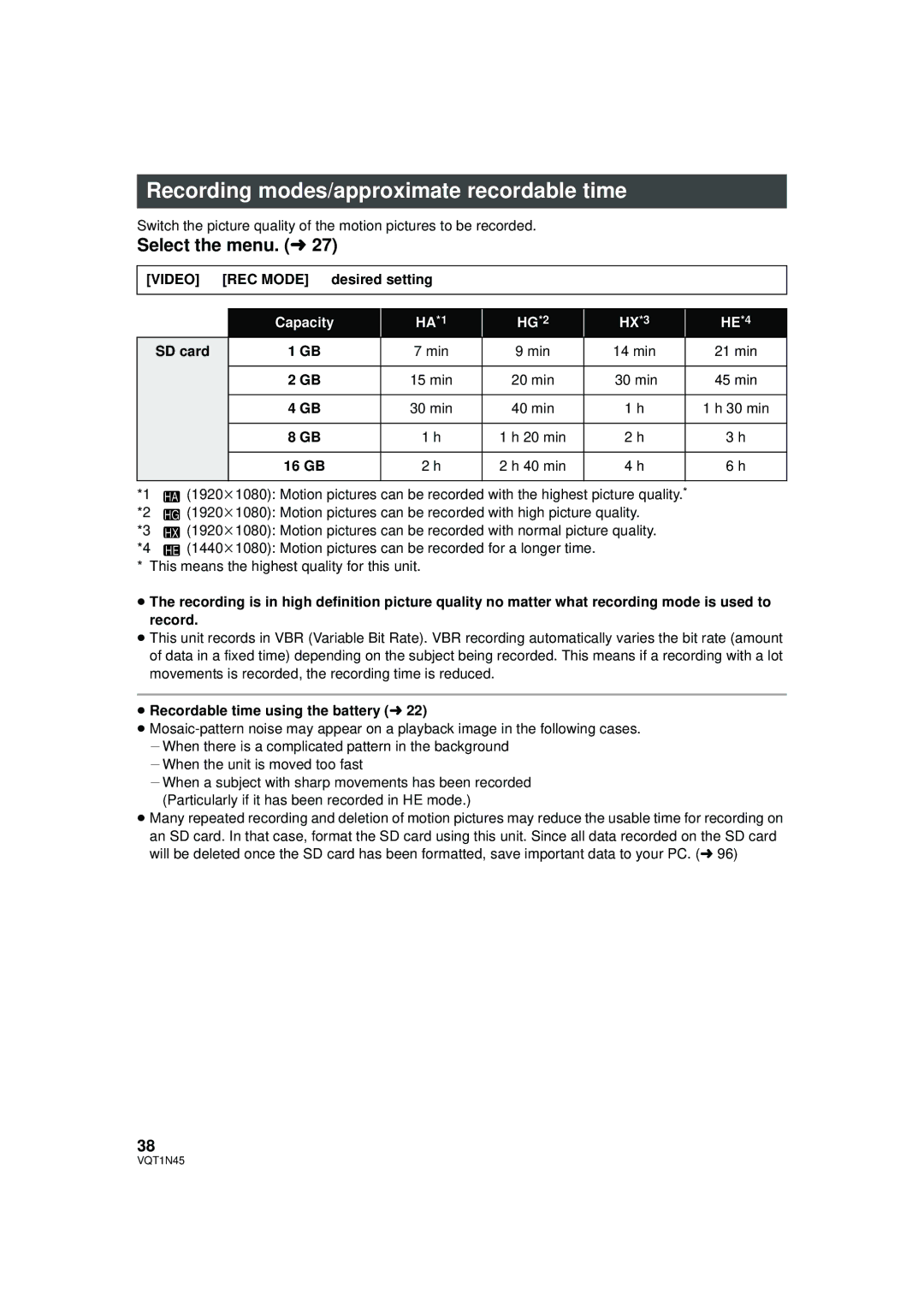 Panasonic HDC-SD9PC manual Recording modes/approximate recordable time, Video # REC Mode # desired setting, SD card, 16 GB 