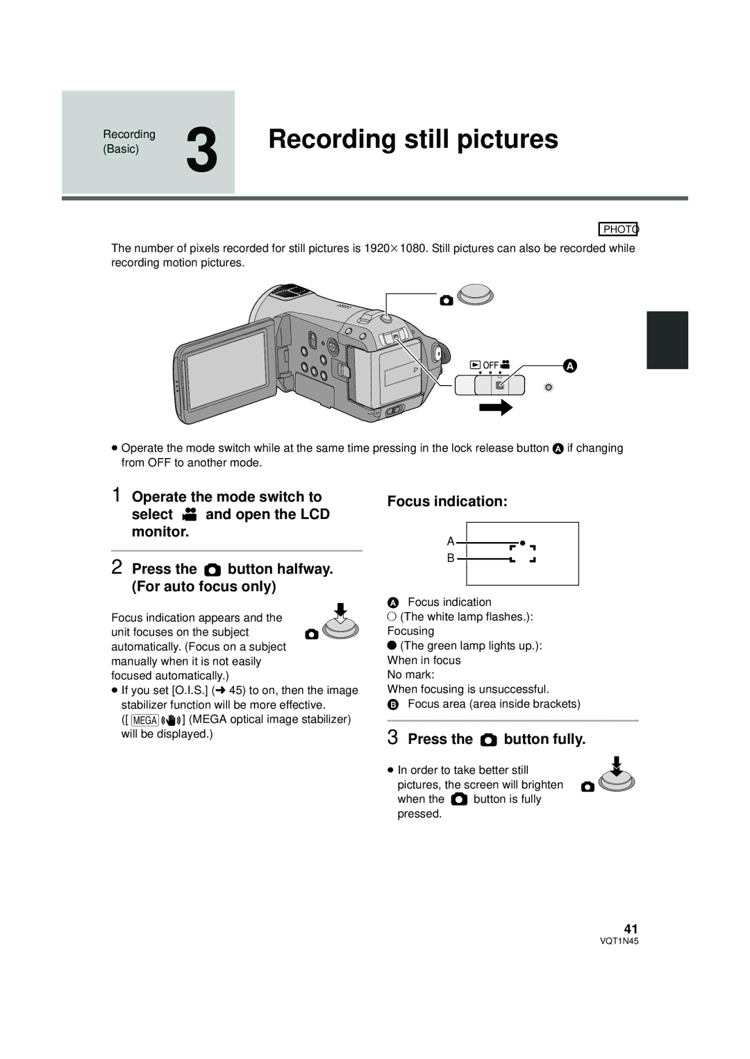 Panasonic HDC-SD9PC manual Recording still pictures, Focus indication, Press the button fully 