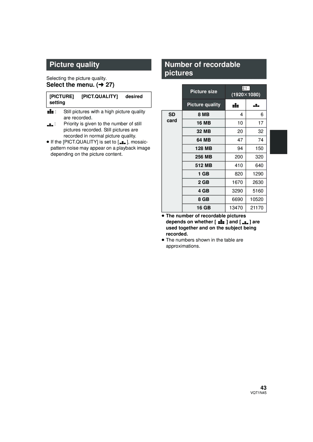 Panasonic HDC-SD9P manual Picture quality, Number of recordable pictures, Picture # PICT.QUALITY # desired setting, Card 