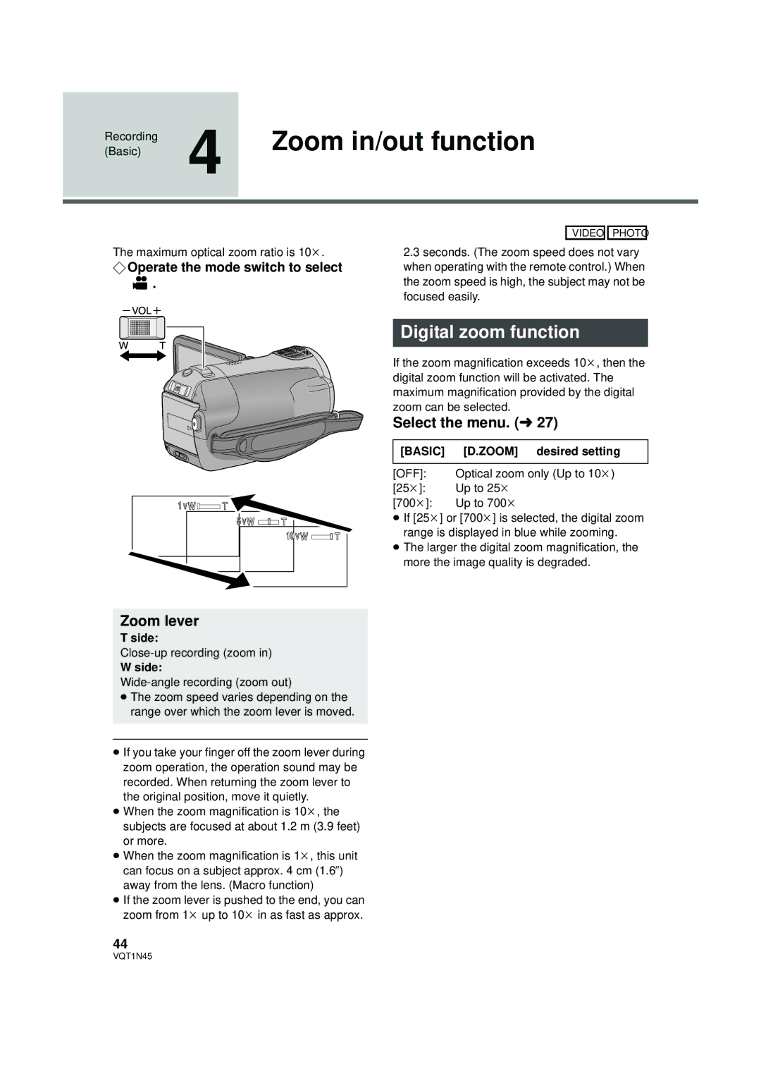 Panasonic HDC-SD9PC manual Zoom in/out function, Digital zoom function, Zoom lever, Side, Basic # D.ZOOM # desired setting 