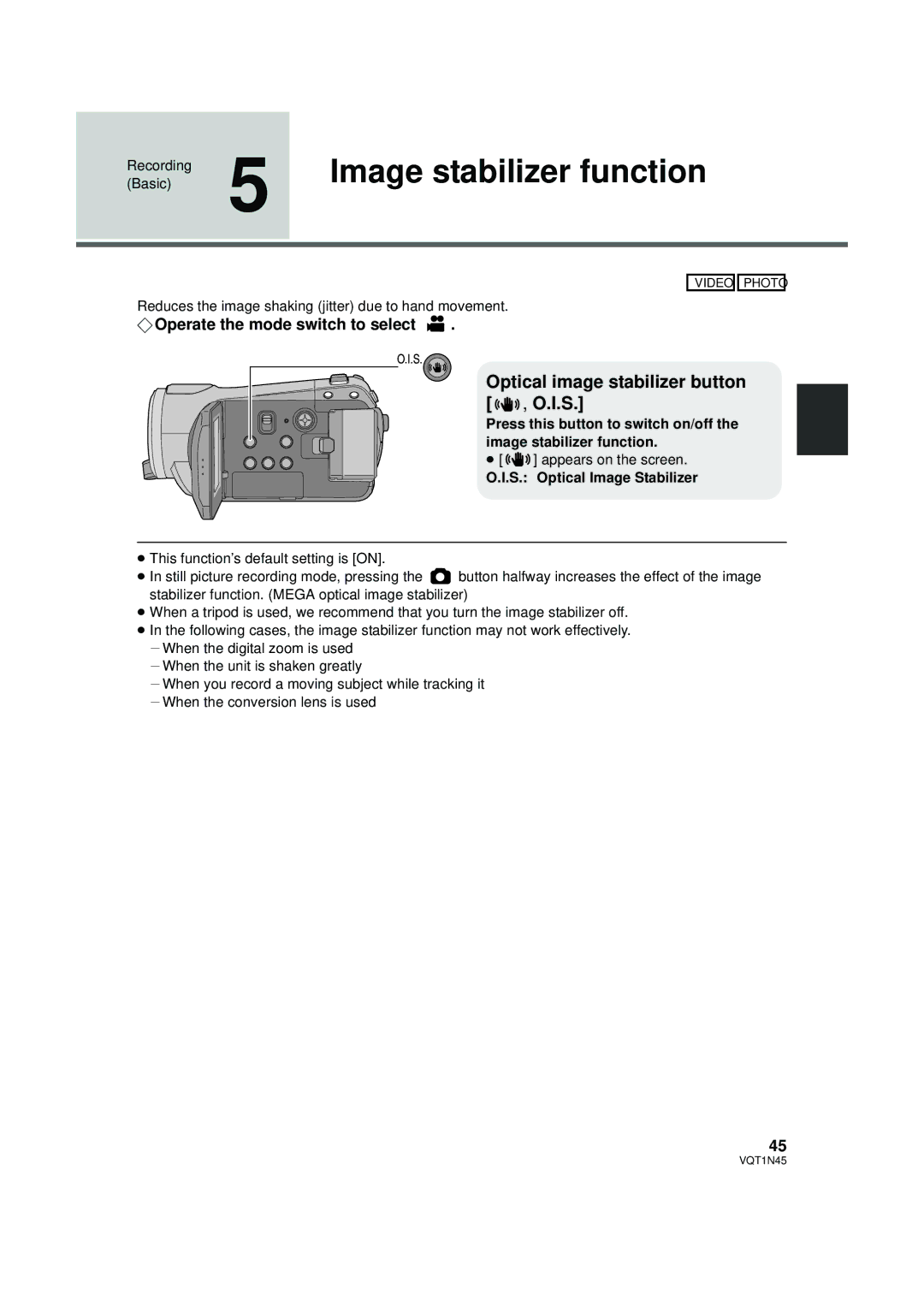 Panasonic HDC-SD9P manual Image stabilizer function, Optical image stabilizer button , O.I.S, S. Optical Image Stabilizer 