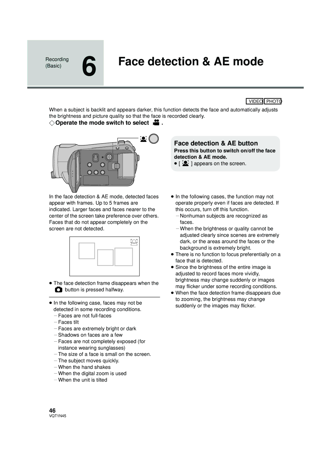 Panasonic HDC-SD9PC manual Face detection & AE mode, Face detection & AE button, ¬Operate the mode switch to select 