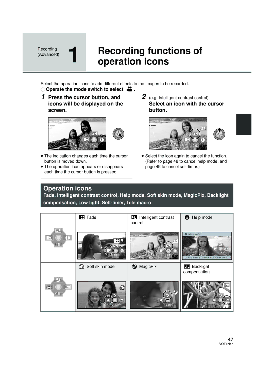 Panasonic HDC-SD9P manual Recording functions, Operation icons, Press the cursor button, G. Intelligent contrast control 