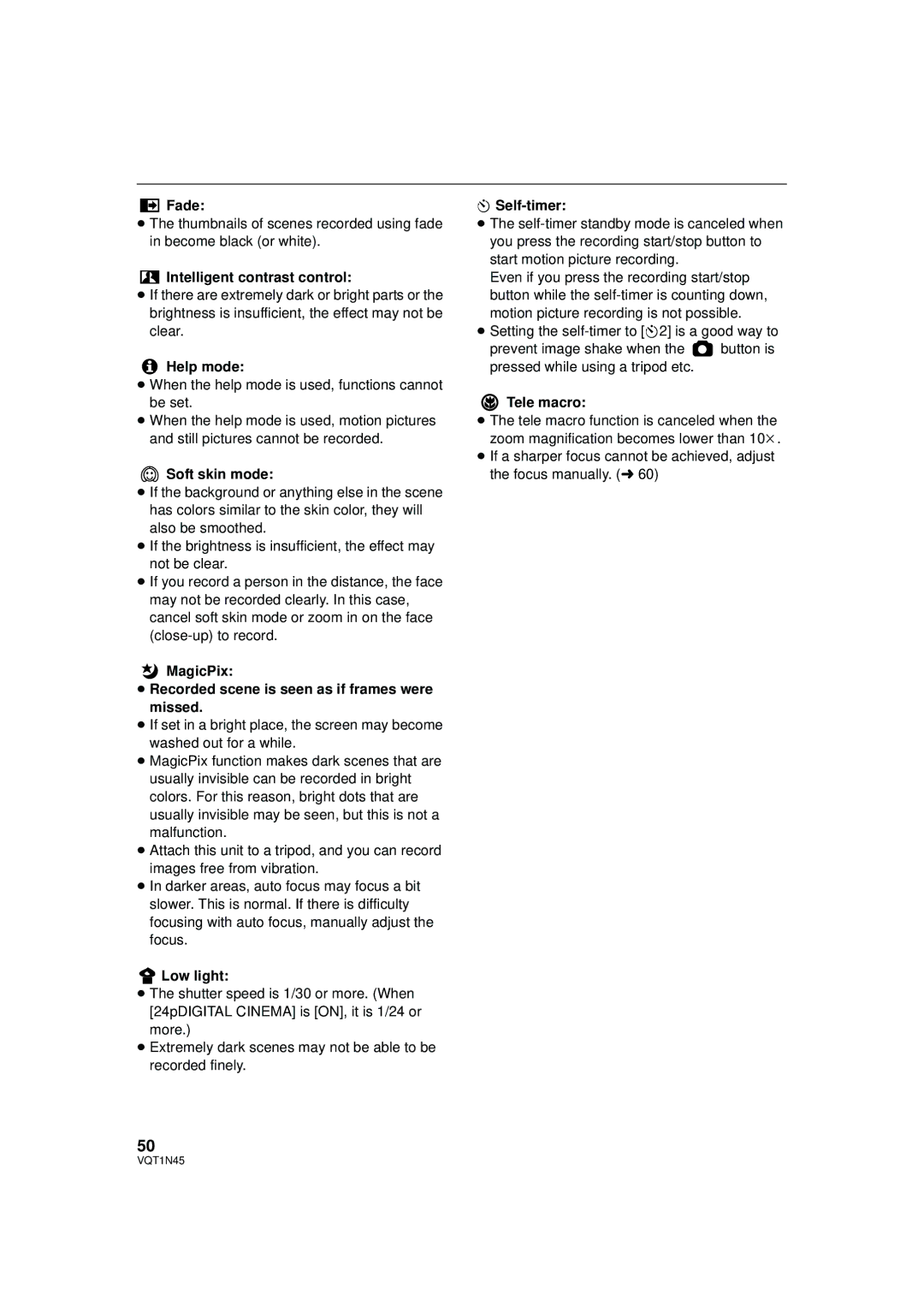 Panasonic HDC-SD9PC manual Intelligent contrast control, Help mode, Soft skin mode, Low light, Self-timer, Tele macro 