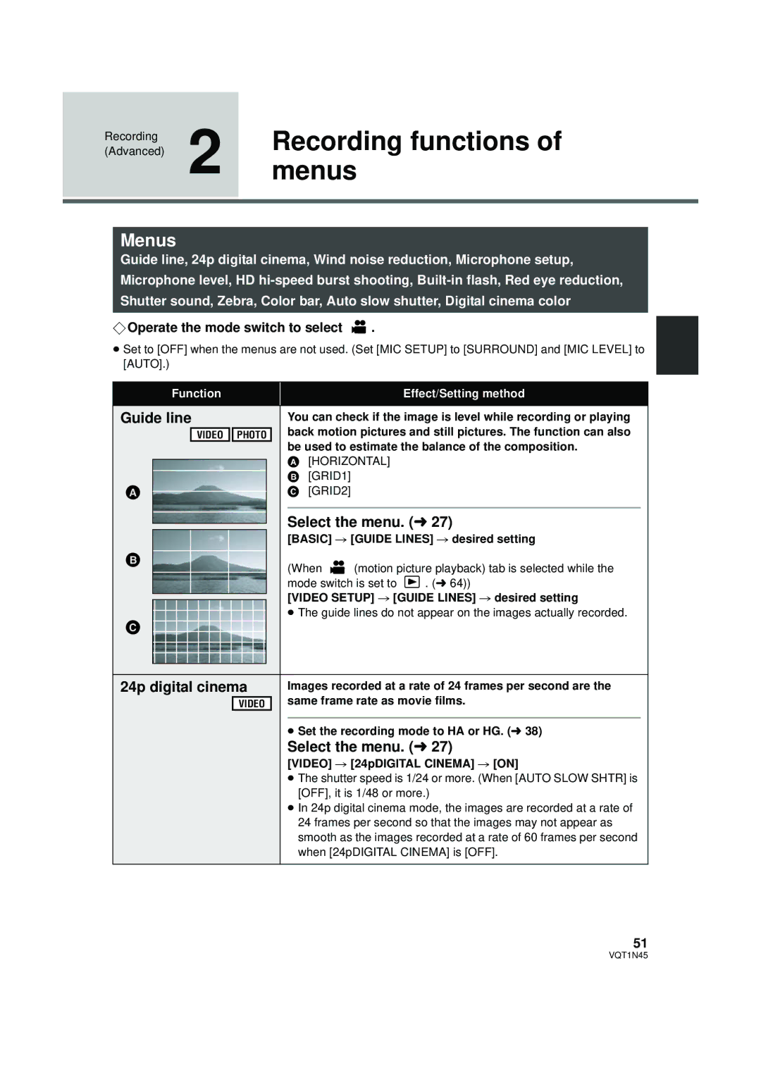 Panasonic HDC-SD9PC manual MenusRecording functions, Guide line, 24p digital cinema 