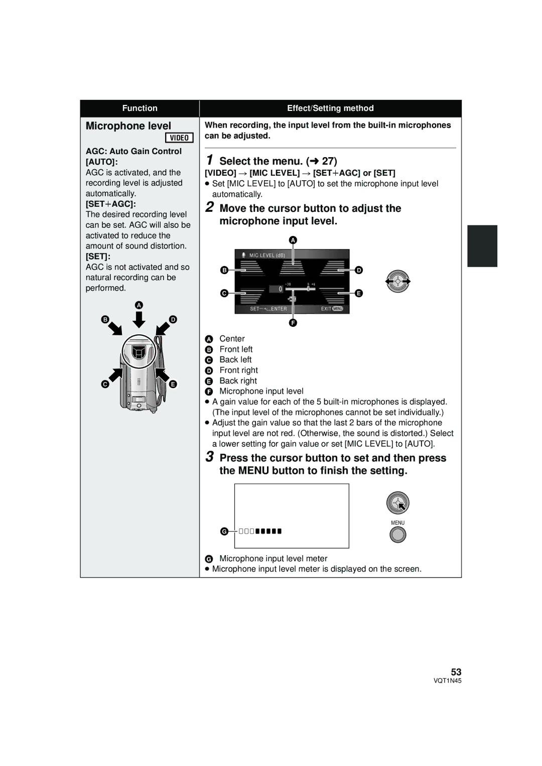 Panasonic HDC-SD9PC manual Microphone level, Move the cursor button to adjust the microphone input level 