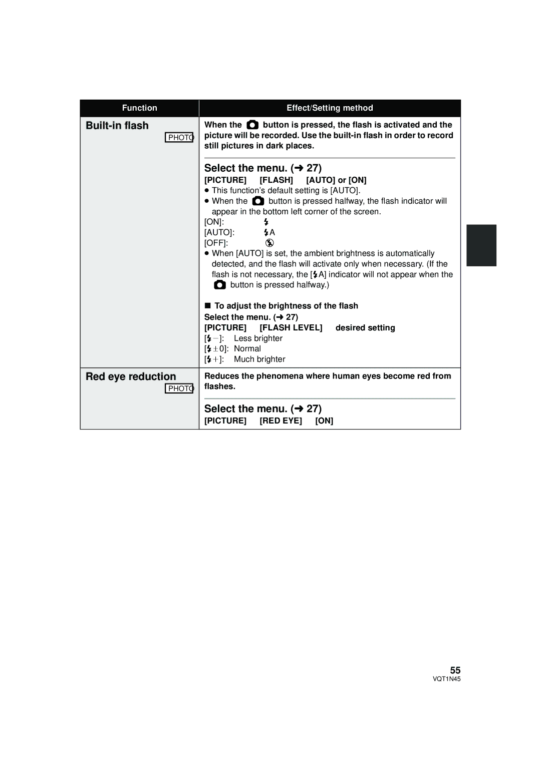 Panasonic HDC-SD9PC manual Built-in flash, Red eye reduction, Picture # RED EYE # on 