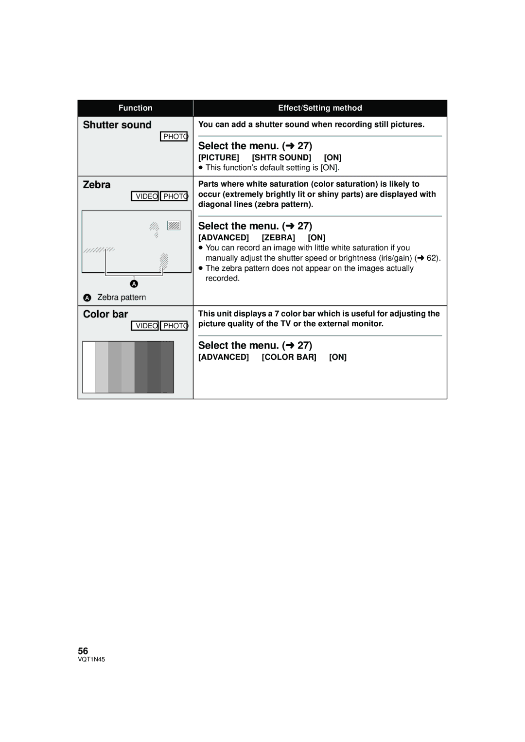 Panasonic HDC-SD9PC manual Shutter sound, Zebra, Color bar 