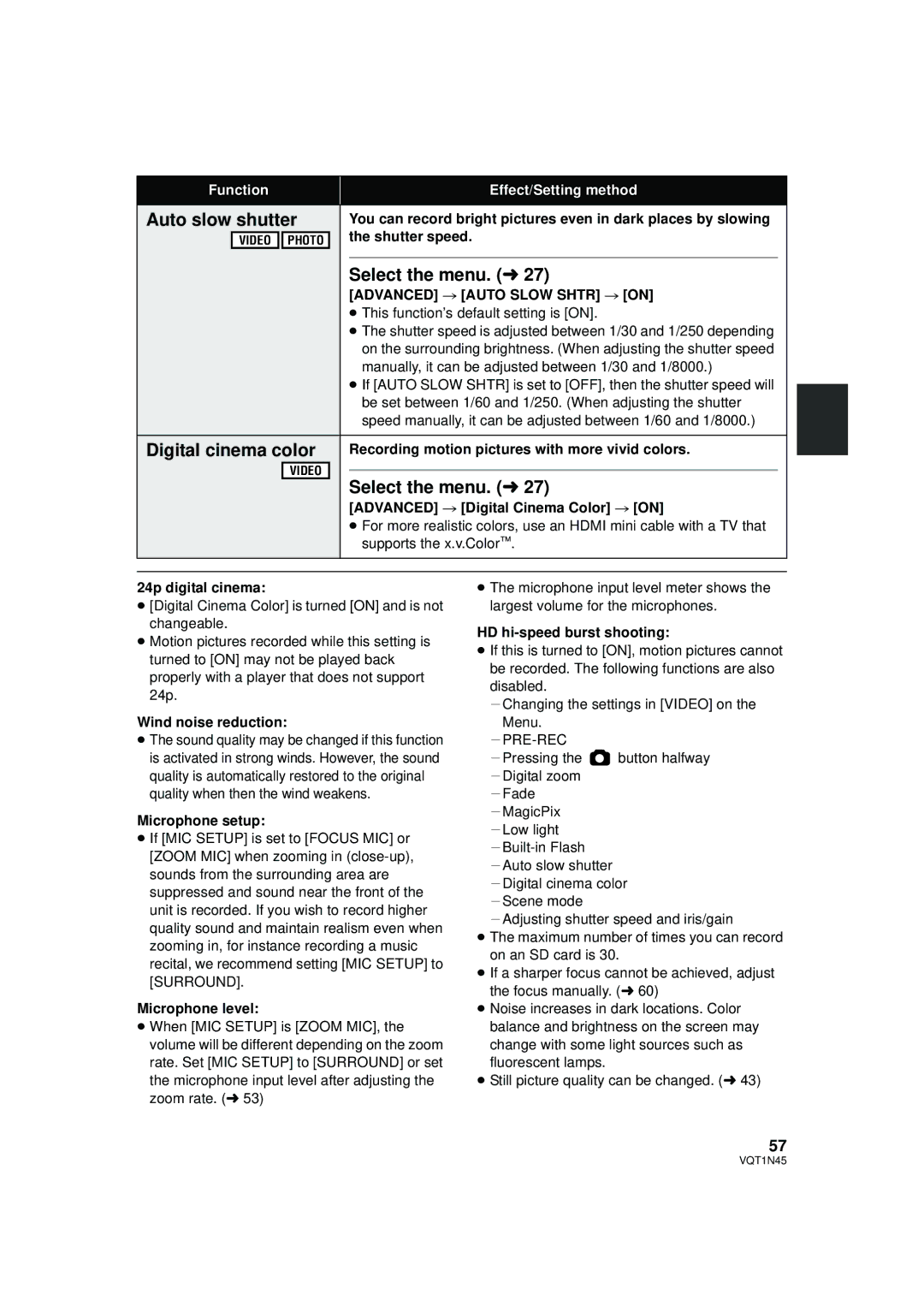 Panasonic HDC-SD9PC manual Auto slow shutter, Digital cinema color, Advanced # Auto Slow Shtr # on 