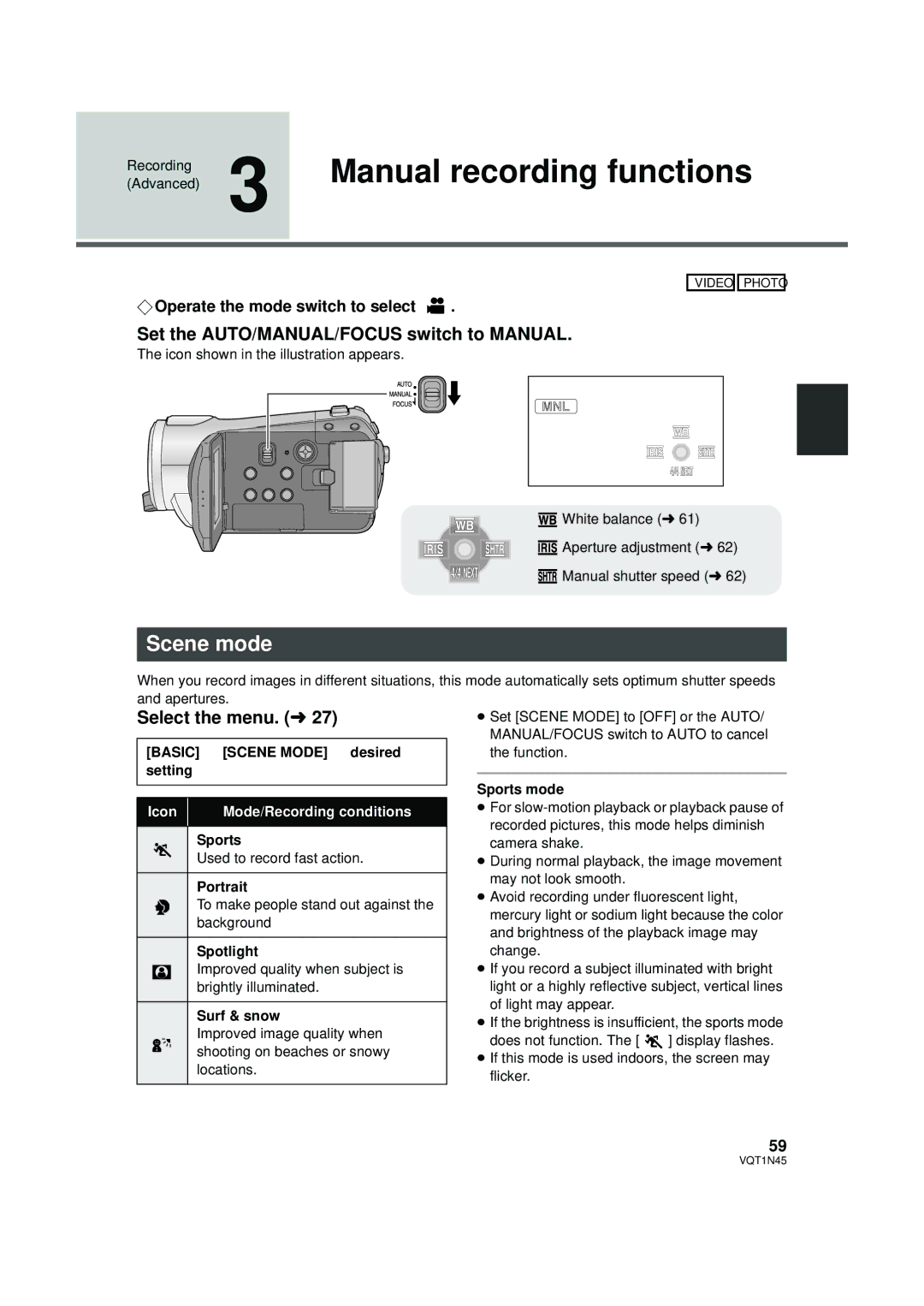 Panasonic HDC-SD9PC manual Manual recording functions, Scene mode, Set the AUTO/MANUAL/FOCUS switch to Manual 