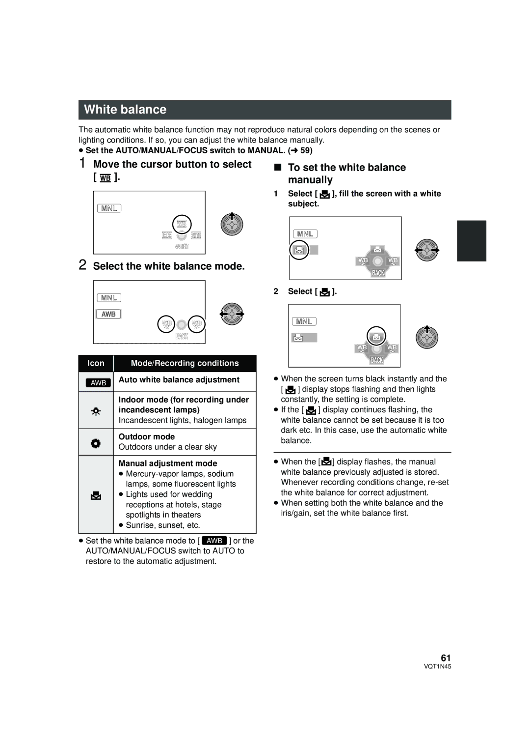 Panasonic HDC-SD9P White balance, Select , fill the screen with a white subject, Outdoor mode, Manual adjustment mode 