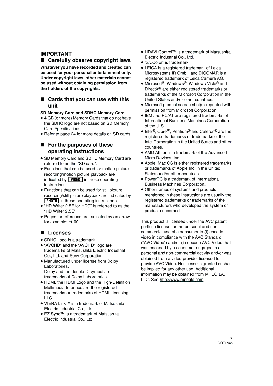 Panasonic HDC-SD9PC manual Carefully observe copyright laws, Cards that you can use with this unit, Licenses 