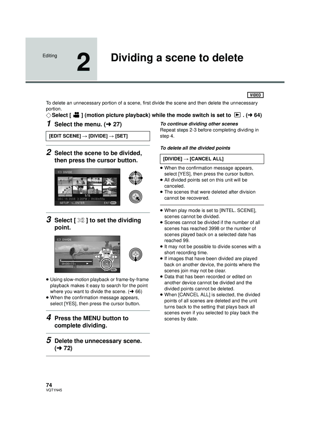 Panasonic HDC-SD9PC manual Dividing a scene to delete, Select the scene to be divided, Then press the cursor button 