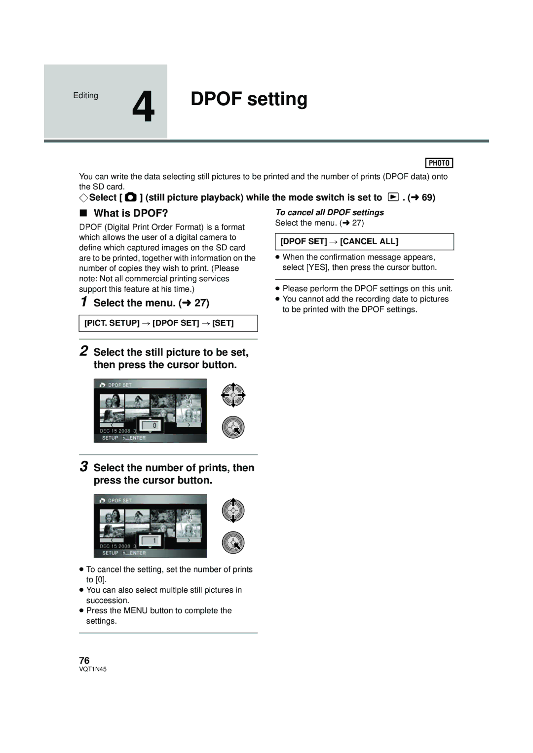 Panasonic HDC-SD9PC manual Editing 4 Dpof setting, What is DPOF?, PICT. Setup # Dpof SET # SET, Dpof SET # Cancel ALL 