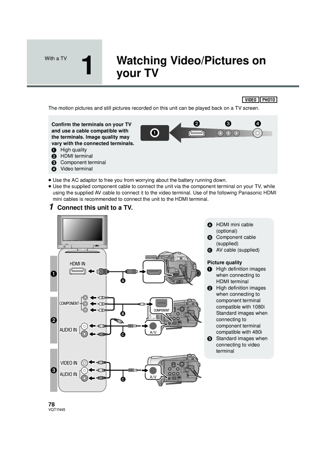 Panasonic HDC-SD9PC manual Watching Video/Pictures on, Your TV, Connect this unit to a TV, With a TV, Picture quality 