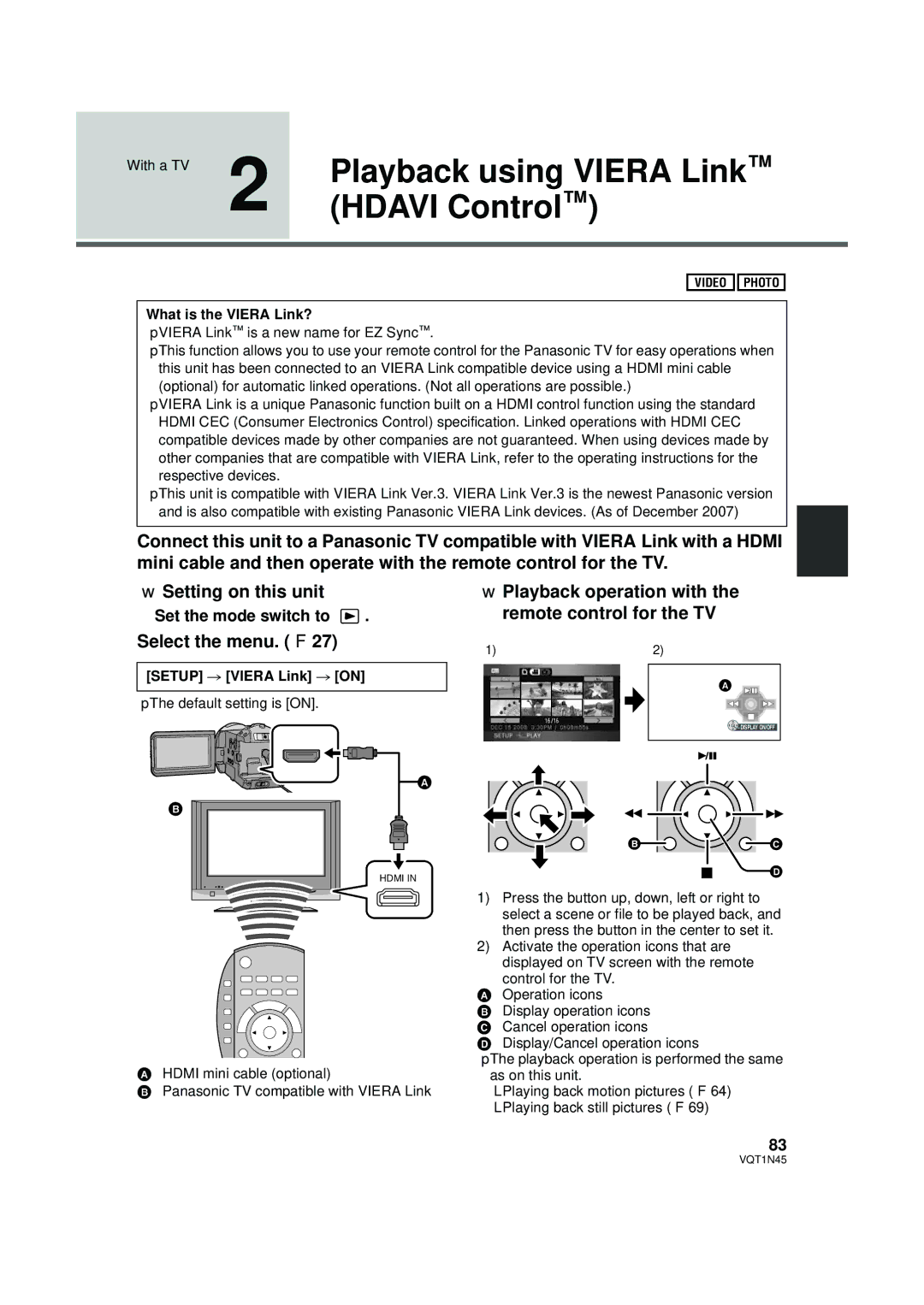 Panasonic HDC-SD9P manual Playback using Viera Link, Hdavi Control, Playback operation with the remote control for the TV 