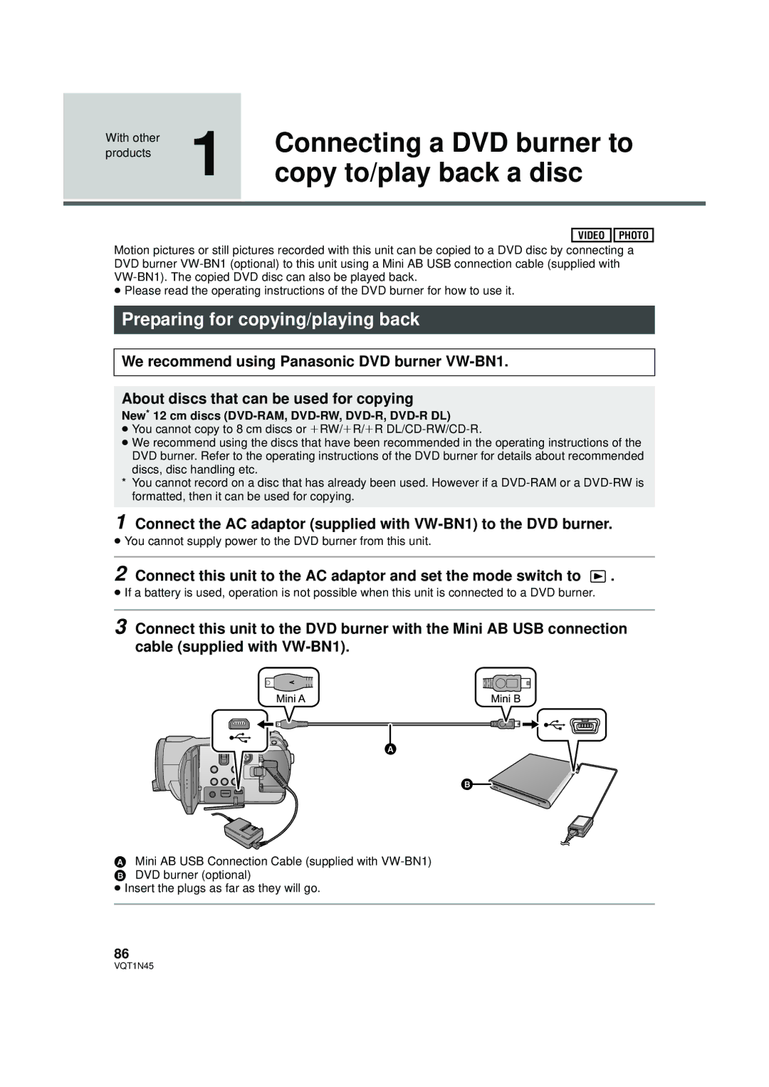 Panasonic HDC-SD9PC manual Connecting a DVD burner to, Copy to/play back a disc, Preparing for copying/playing back 