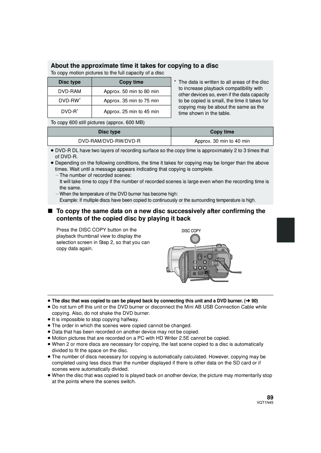 Panasonic HDC-SD9P About the approximate time it takes for copying to a disc, Disc type Copy time, Dvd-Ram/Dvd-Rw/Dvd-R 