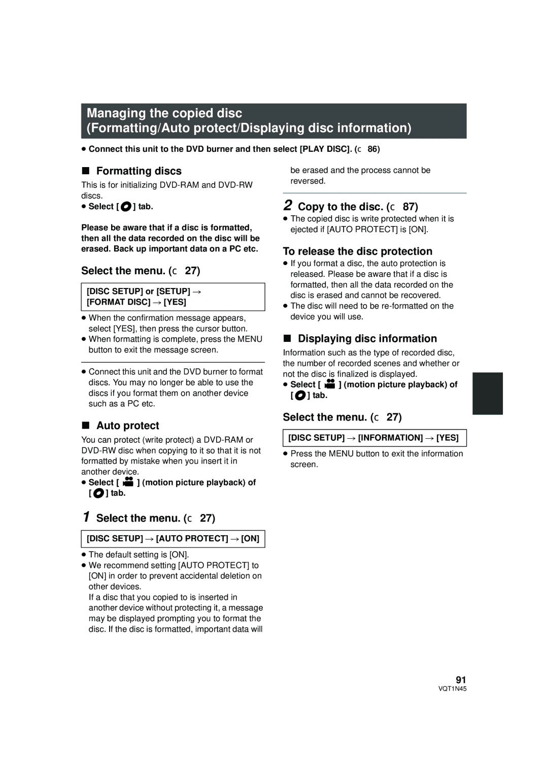 Panasonic HDC-SD9P Formatting discs, Copy to the disc. l, To release the disc protection, Displaying disc information 