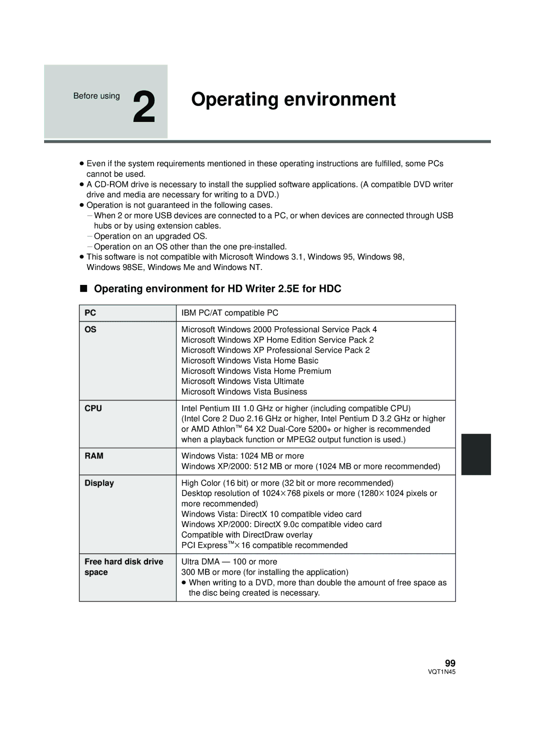 Panasonic HDC-SD9PC manual Operating environment for HD Writer 2.5E for HDC, Cpu, Ram 