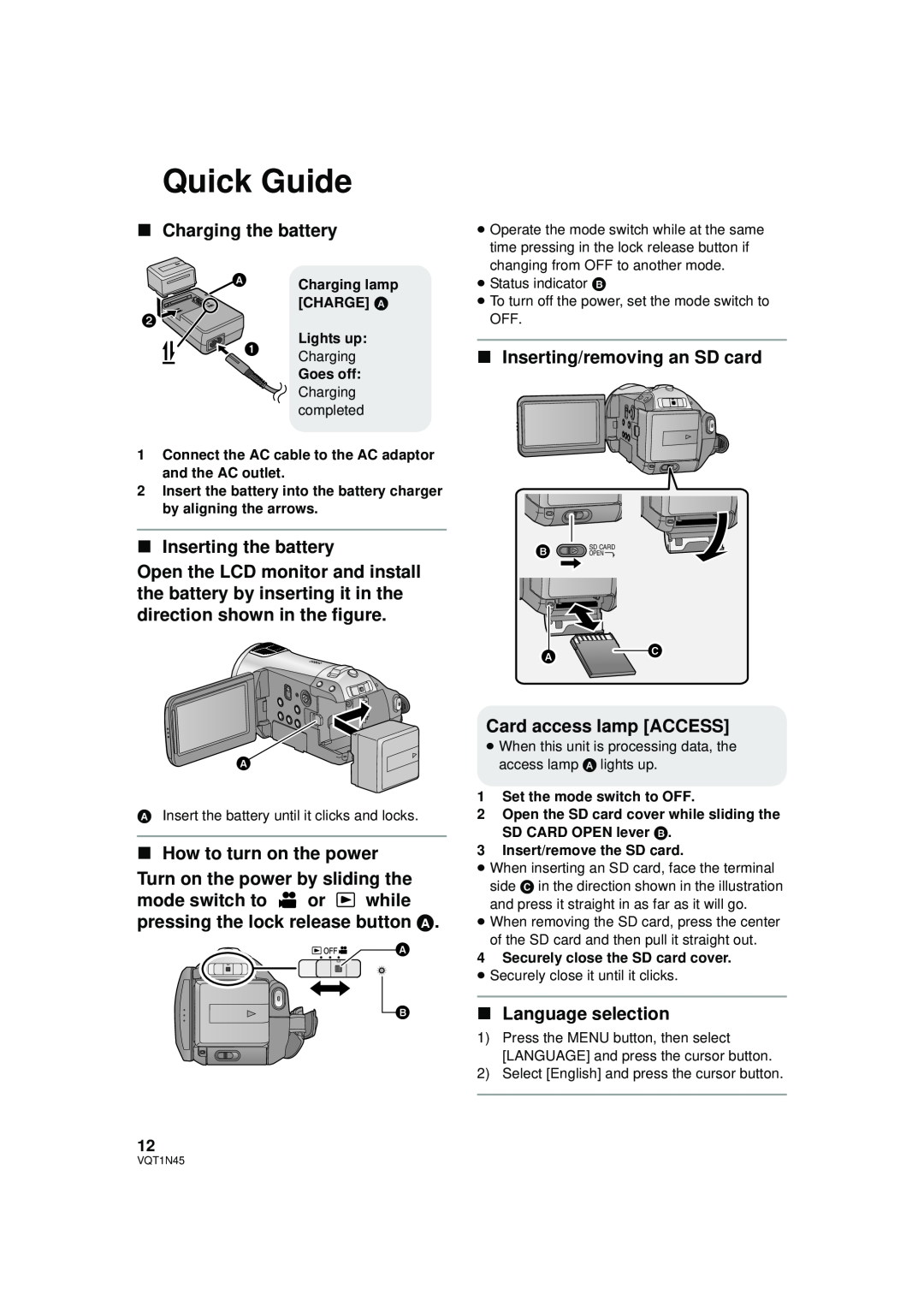 Panasonic HDC-SD9PC manual Quick Guide, ∫Charging the battery, ∫Inserting the battery, ∫How to turn on the power 