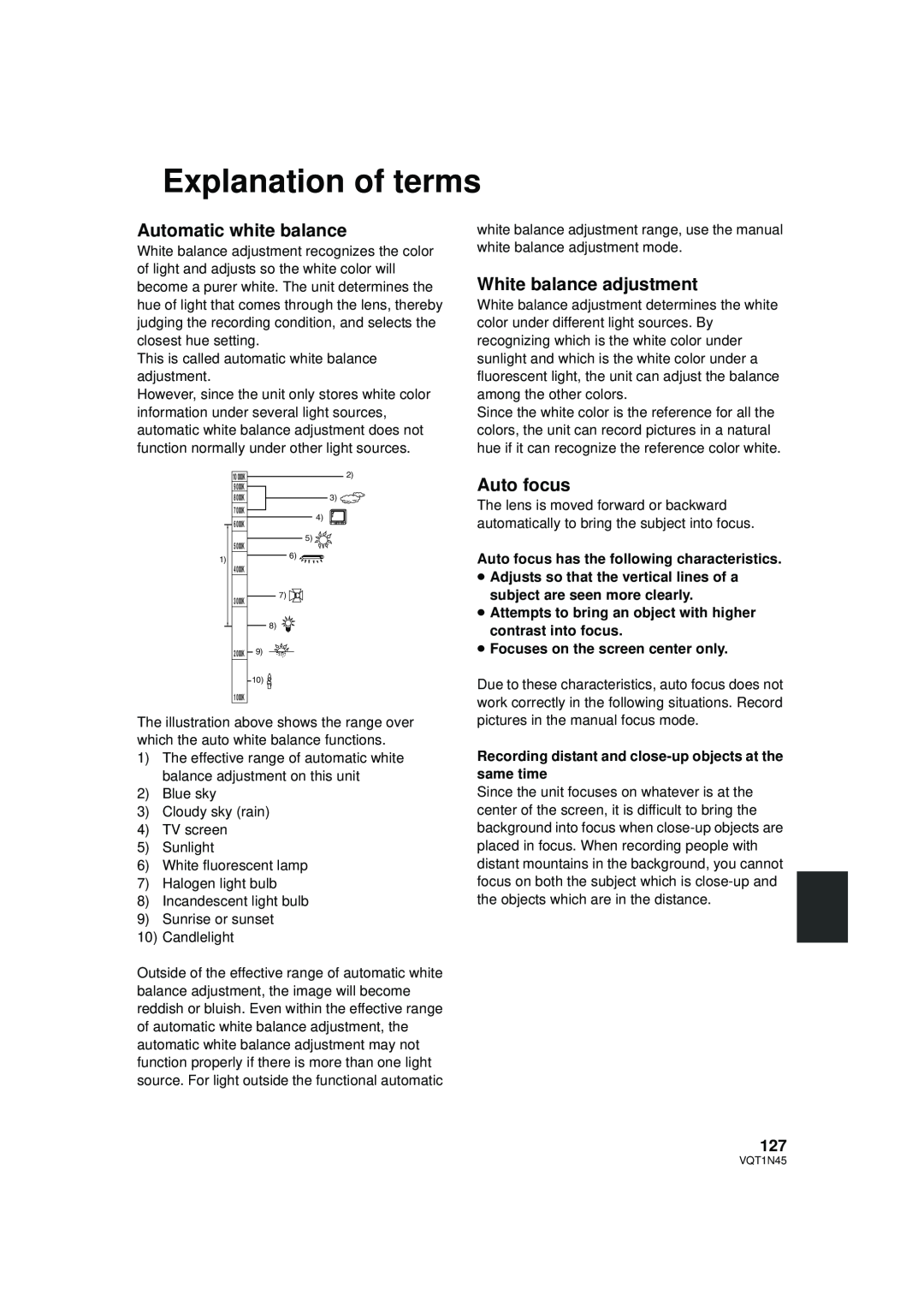Panasonic HDC-SD9PC manual Explanation of terms, Automatic white balance, White balance adjustment, Auto focus 