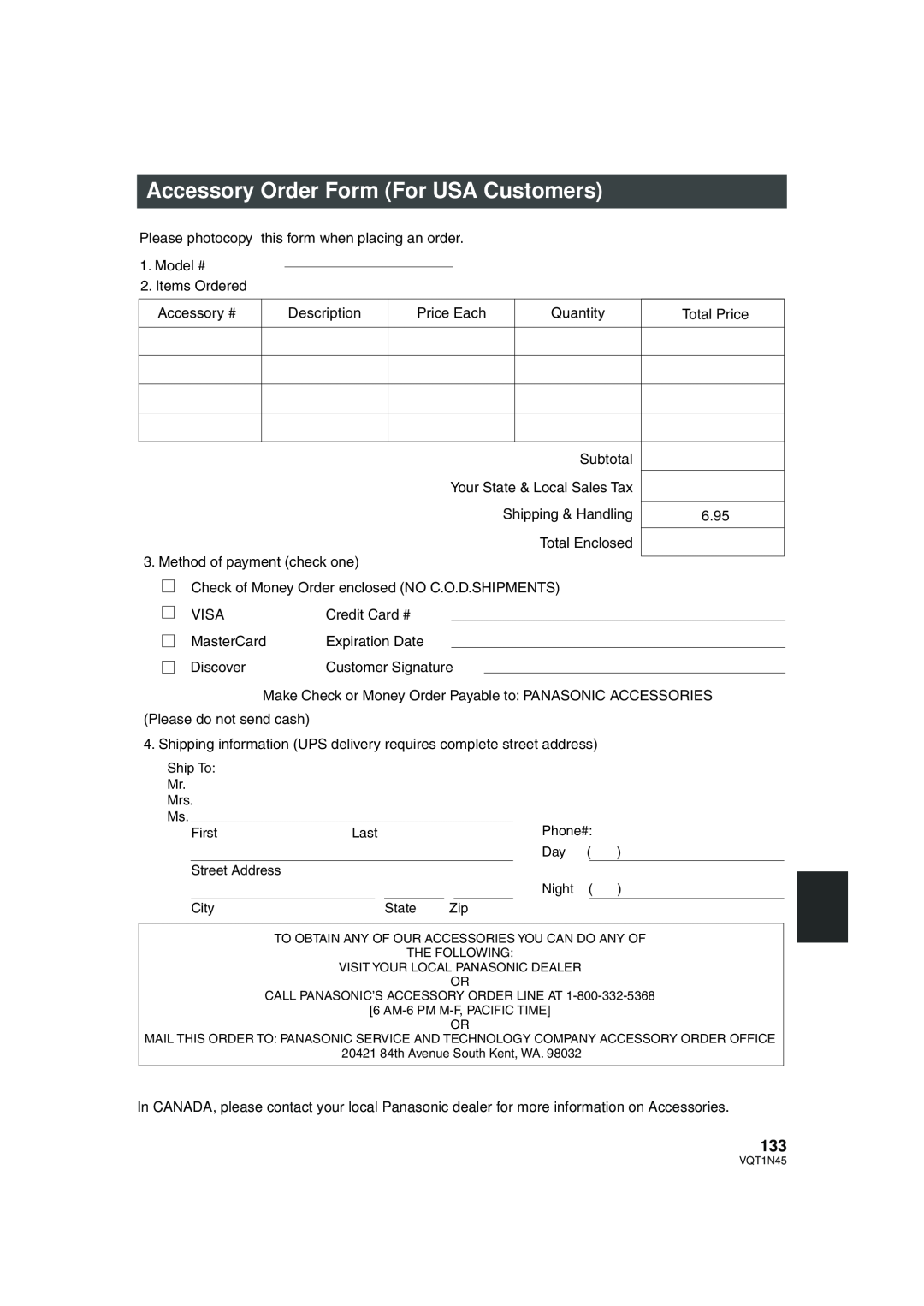 Panasonic HDC-SD9PC manual Accessory Order Form For USA Customers 