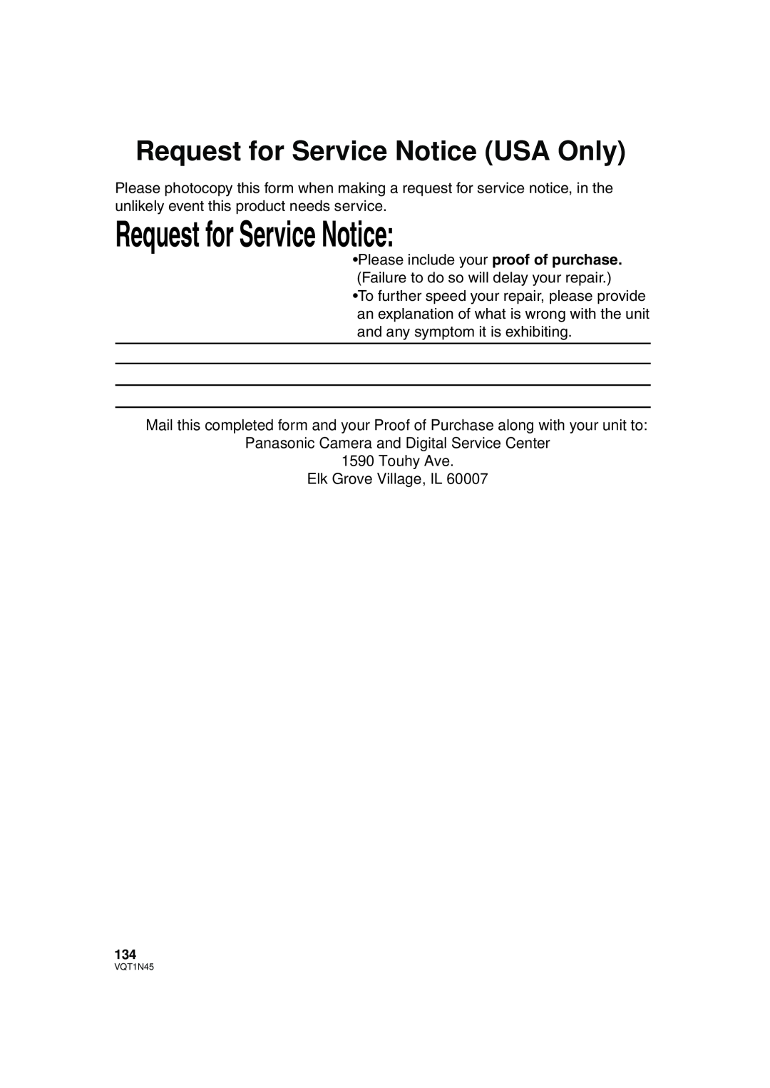 Panasonic HDC-SD9PC manual Request for Service Notice USA Only 